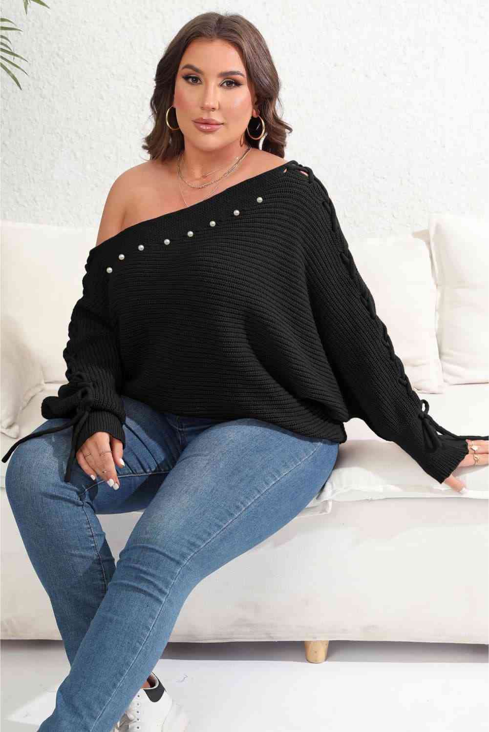 Plus Size One Shoulder Beaded Sweater