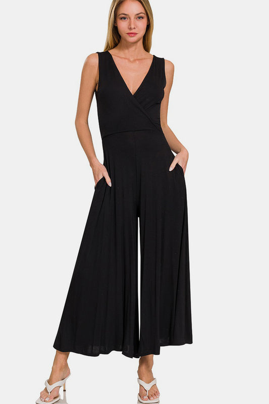 Zenana Surplice Neckline Sleeveless Jumpsuit 