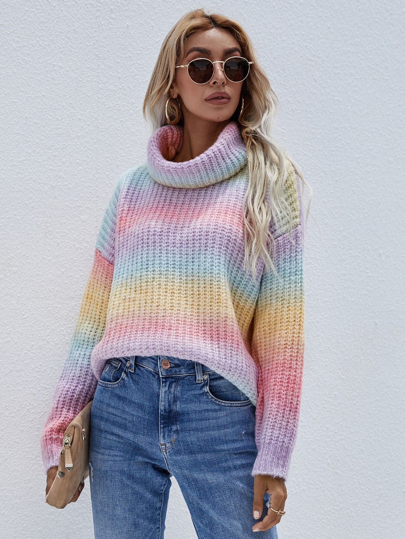 Rainbow Rib-Knit Turtleneck Drop Shoulder Sweater 