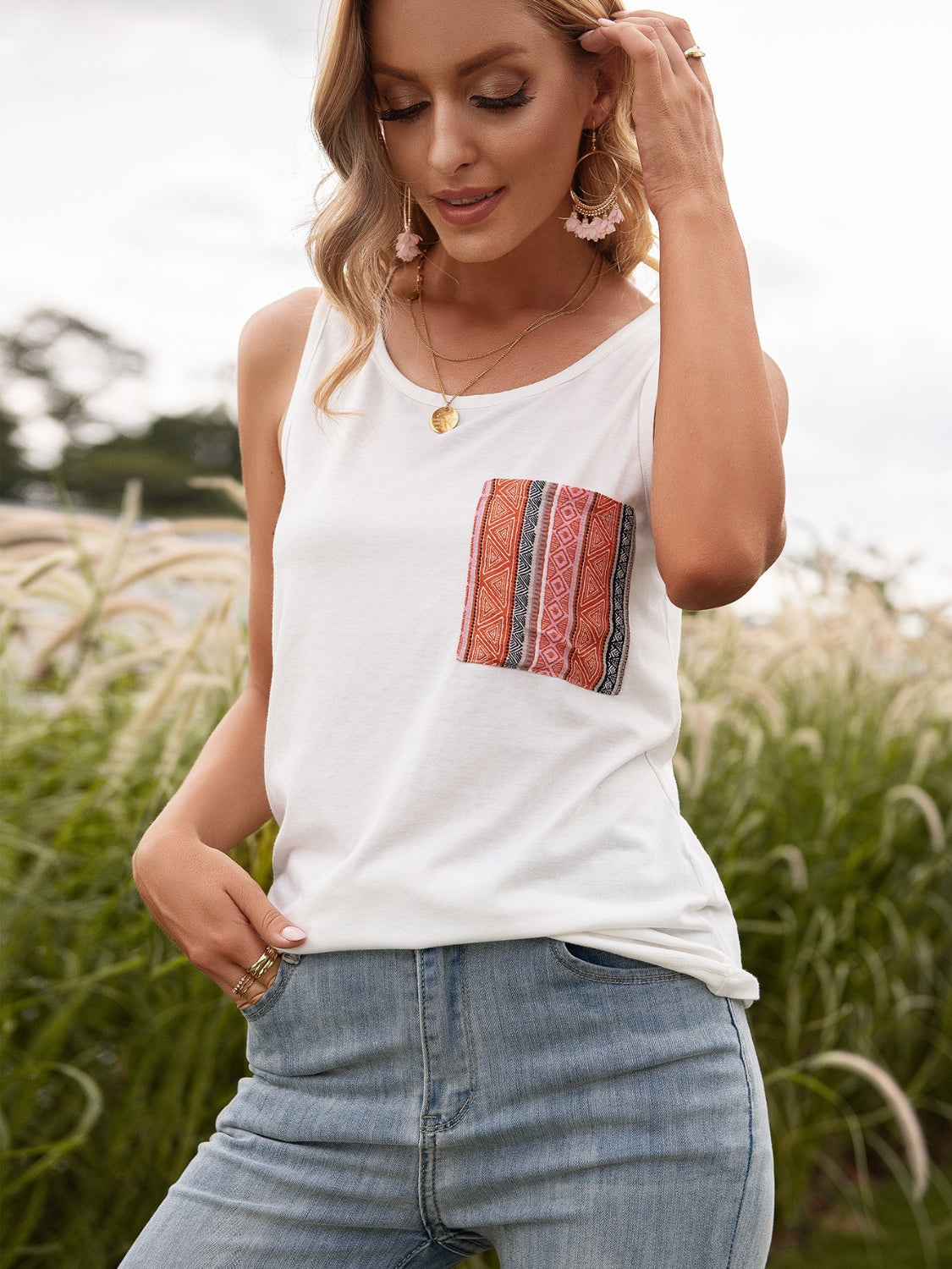 Pocketed Printed Round Neck Tank 