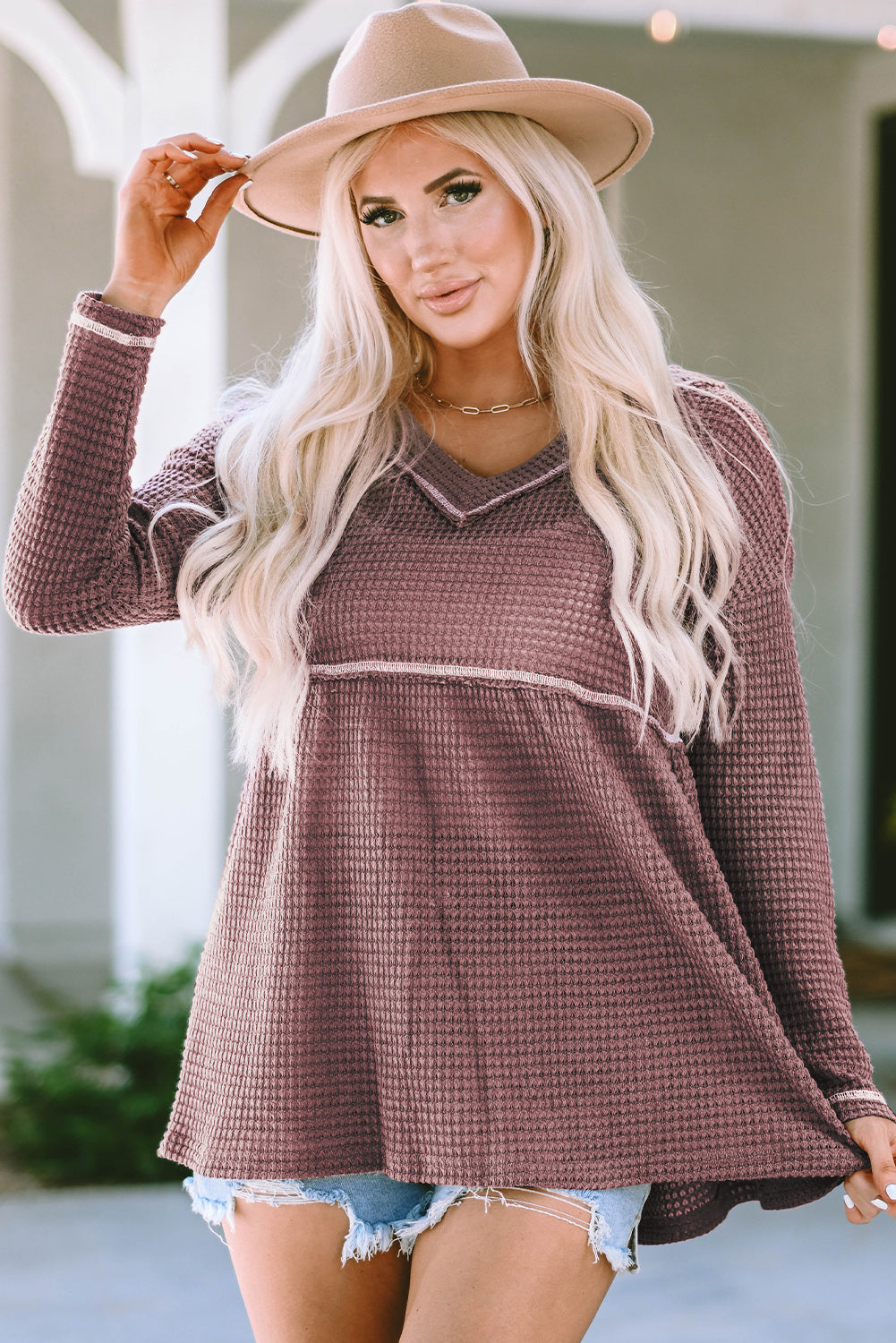 V-Neck Dropped Shoulder Long Sleeve T-Shirt 