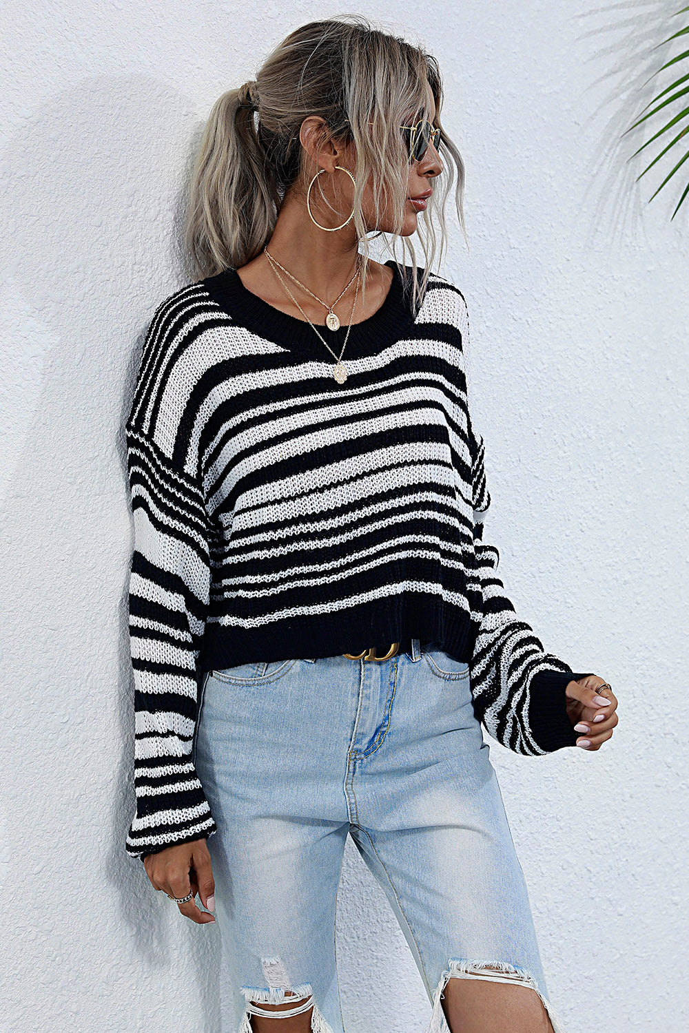 Striped Round Neck Dropped Shoulder Sweater 