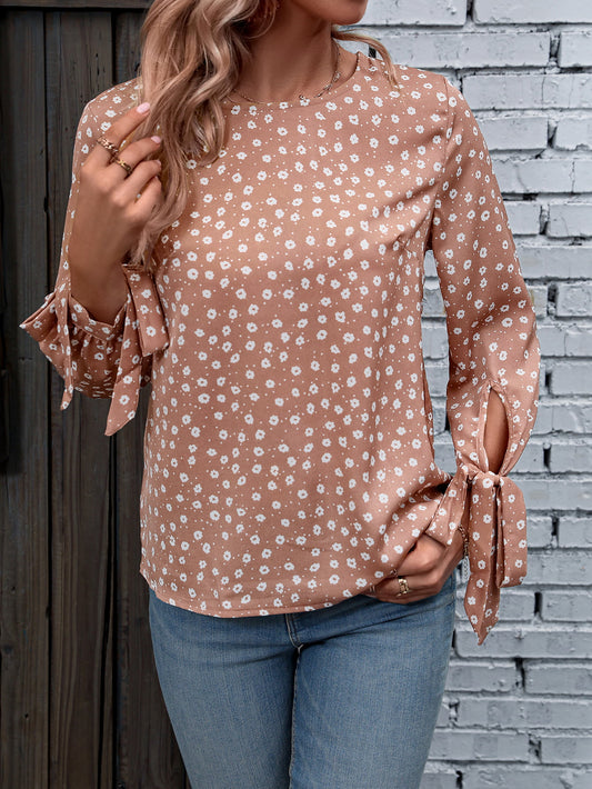 Printed Round Neck Tie Cuff Blouse 