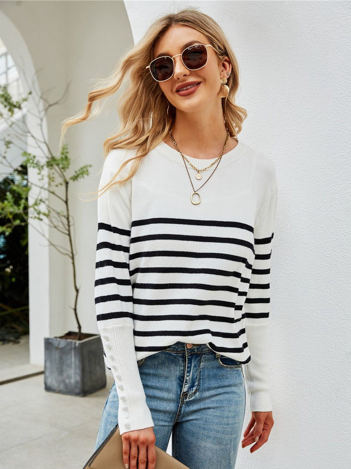 Striped Decorative Button Knit Top 