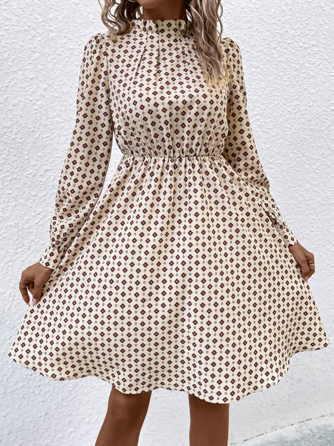 Printed Ruched Mock Neck Long Sleeve Dress 