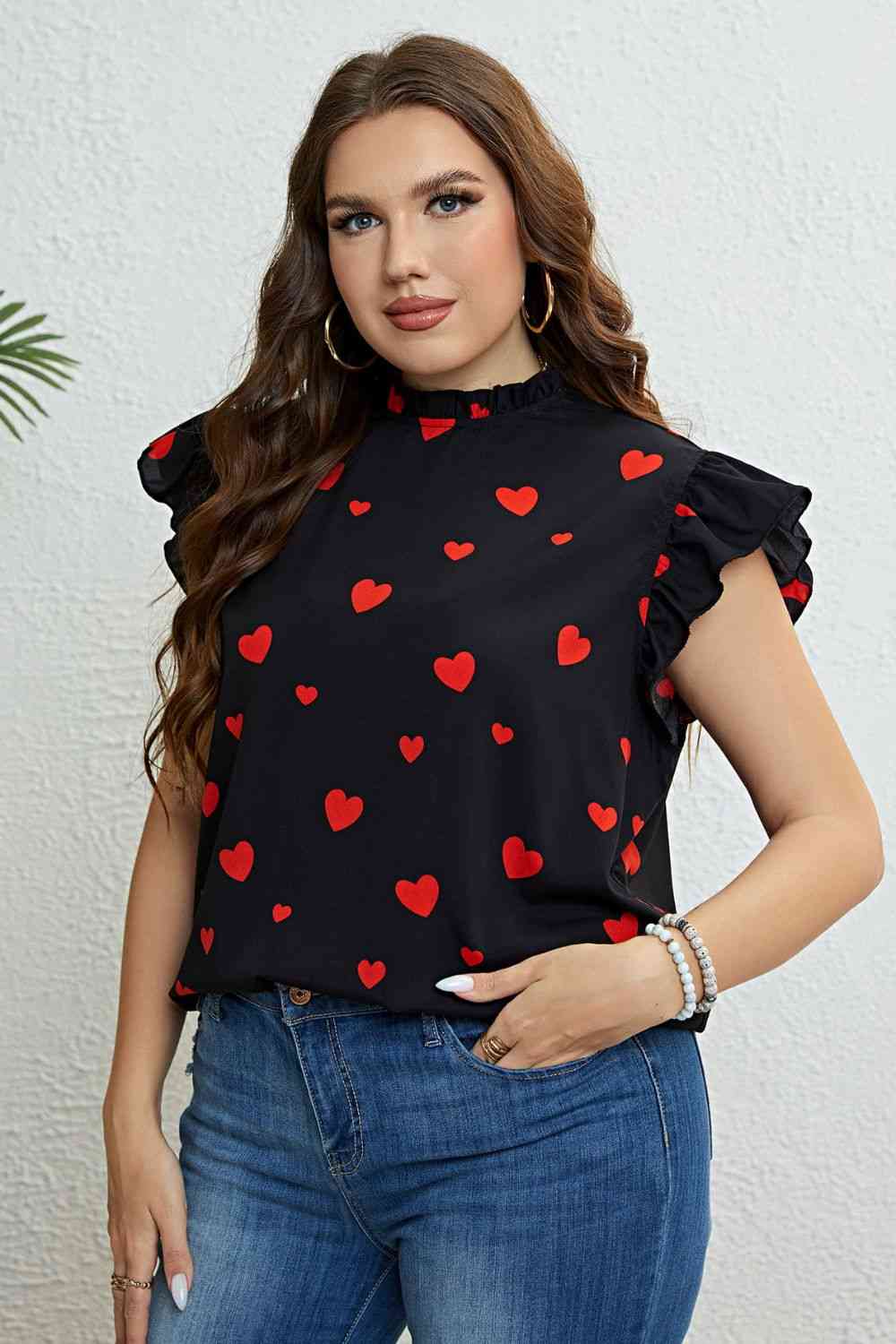 Plus Size Heart Print Butterfly Sleeve Mock Neck Top 