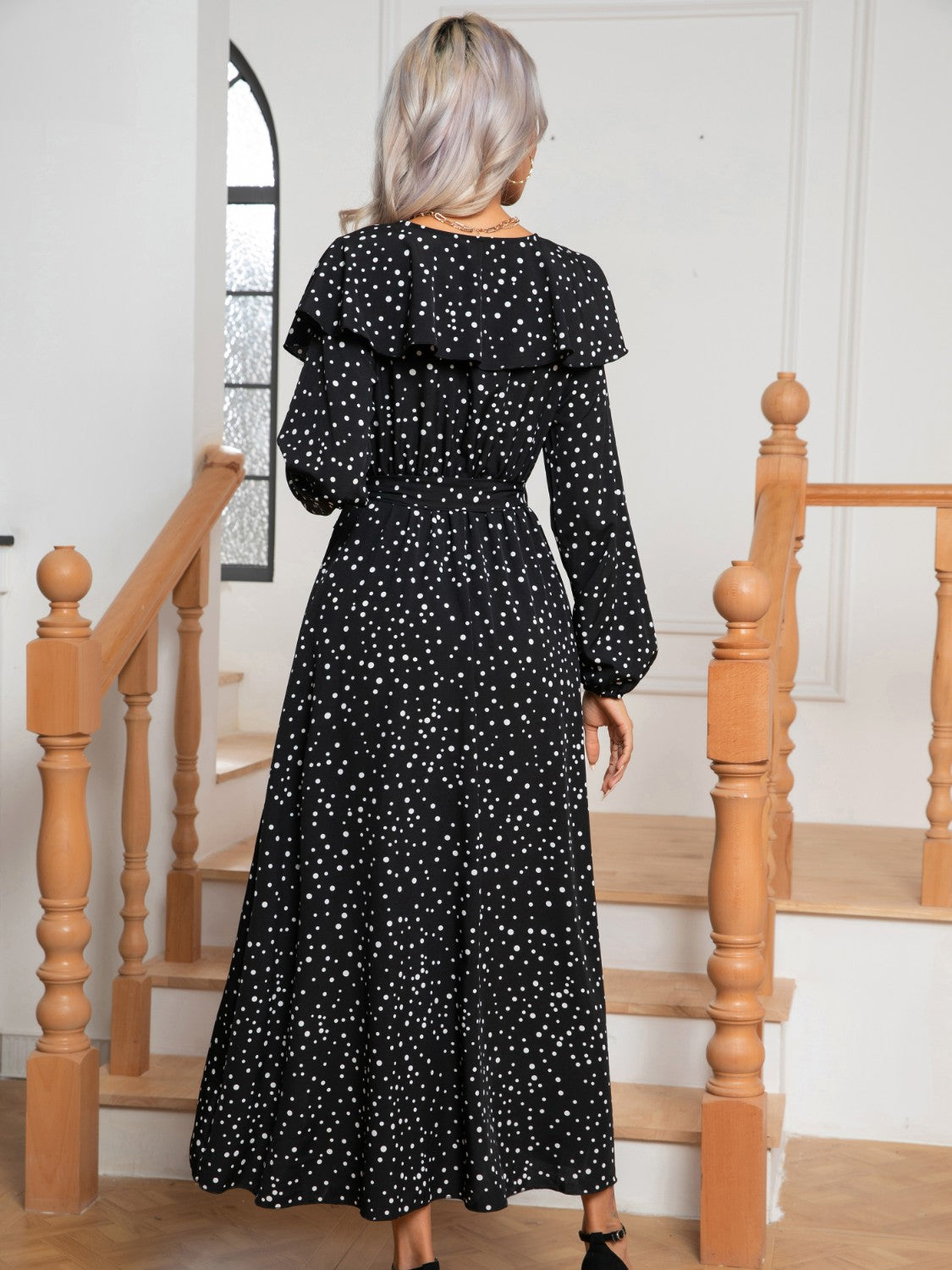 Polka Dot Tie Front Long Sleeve Slit Dress 