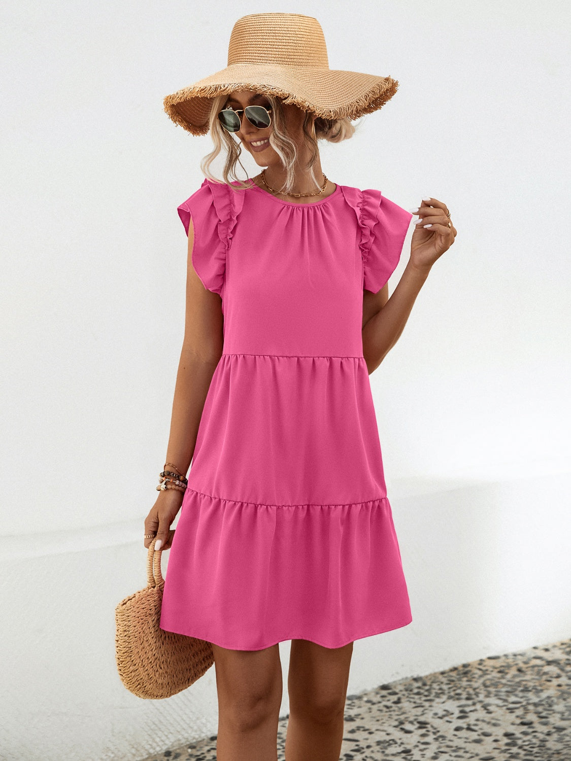 Ruffled Round Neck Cap Sleeve Mini Dress 