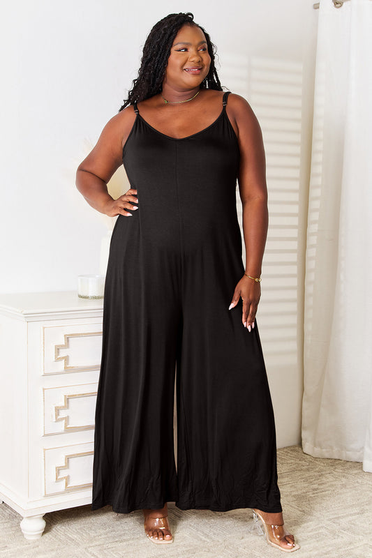 Double Take Full Size Soft Rayon Spaghetti Strap Tied Wide Leg Jumpsuit - Babbazon jumpsuit