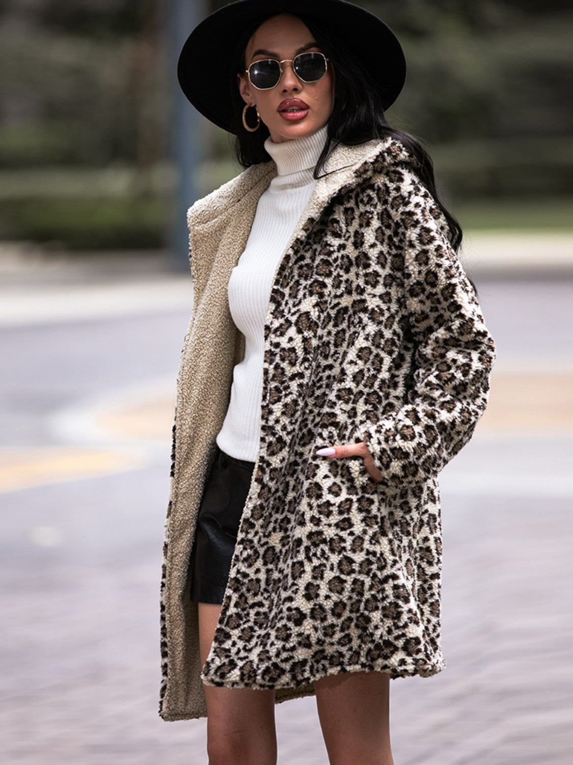 Leopard Hooded Coat with Pockets 