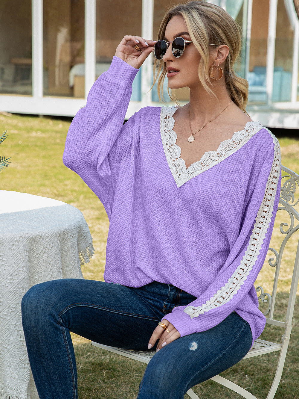 Contrast Spliced Lace V-Neck Top 