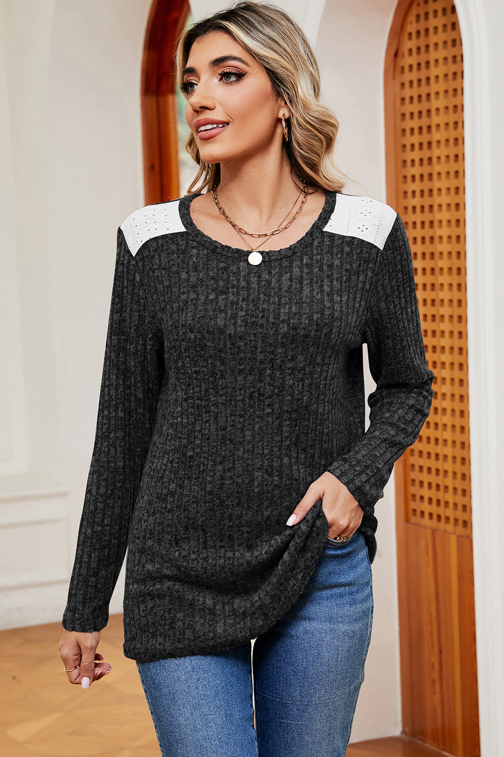 Eyelet Ribbed Round Neck Long Sleeve T-Shirt 