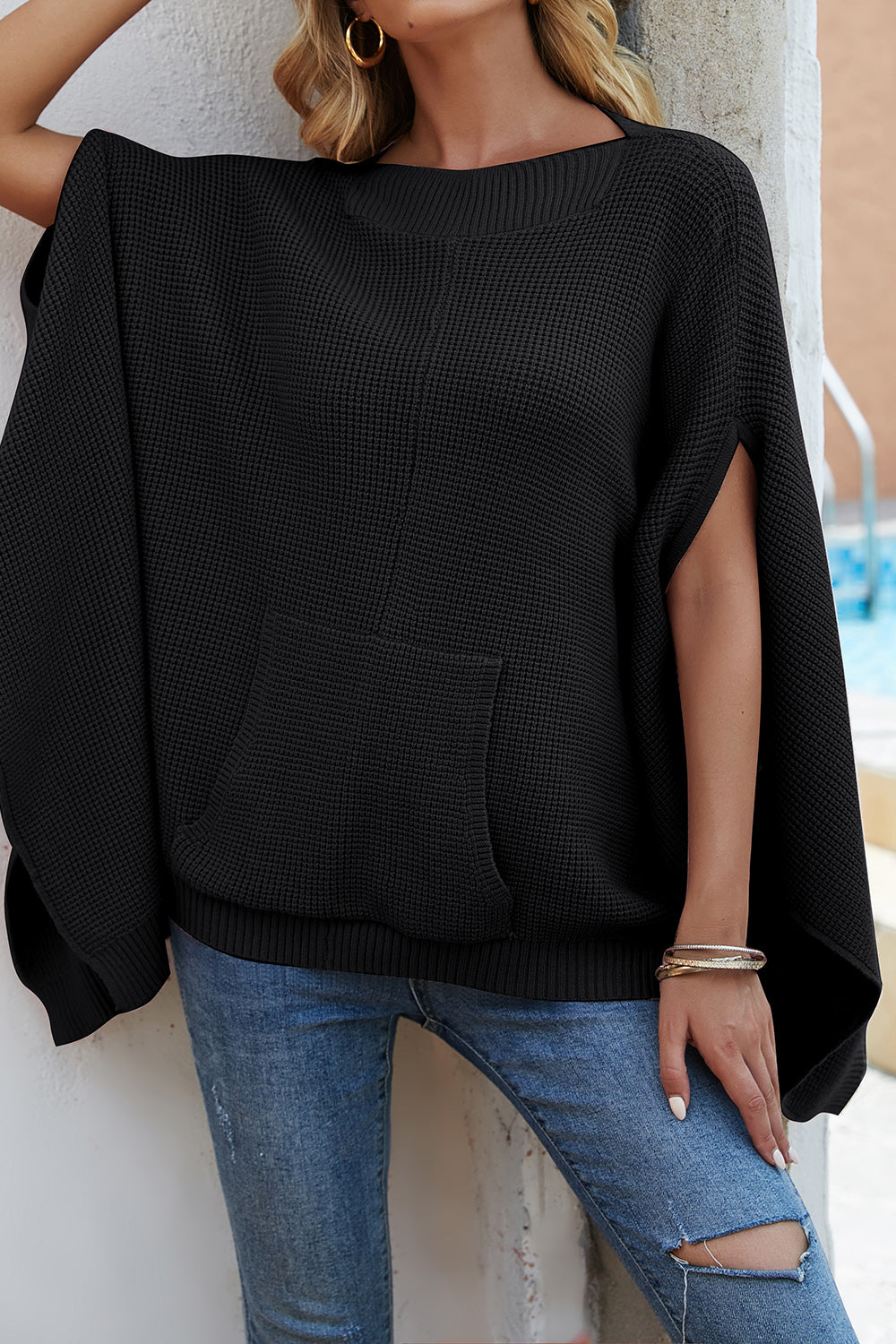 Waffle-Knit Pocketed Cape Sleeve Sweater 