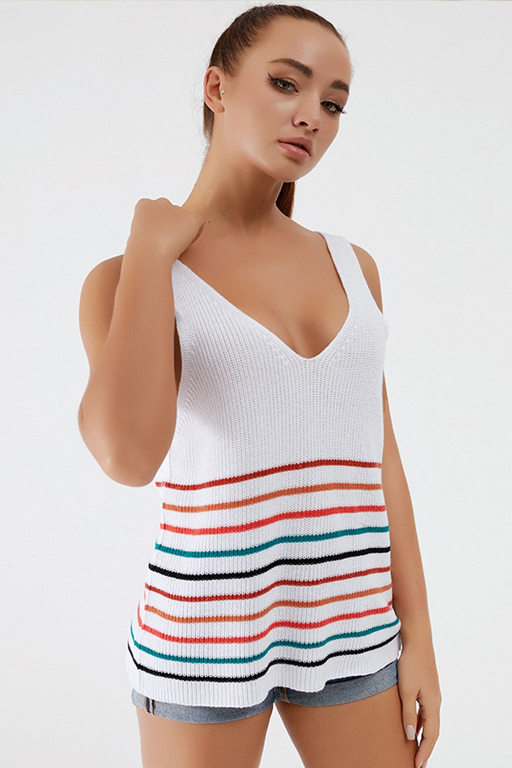 Striped V-Neck Wide Strap Tank 