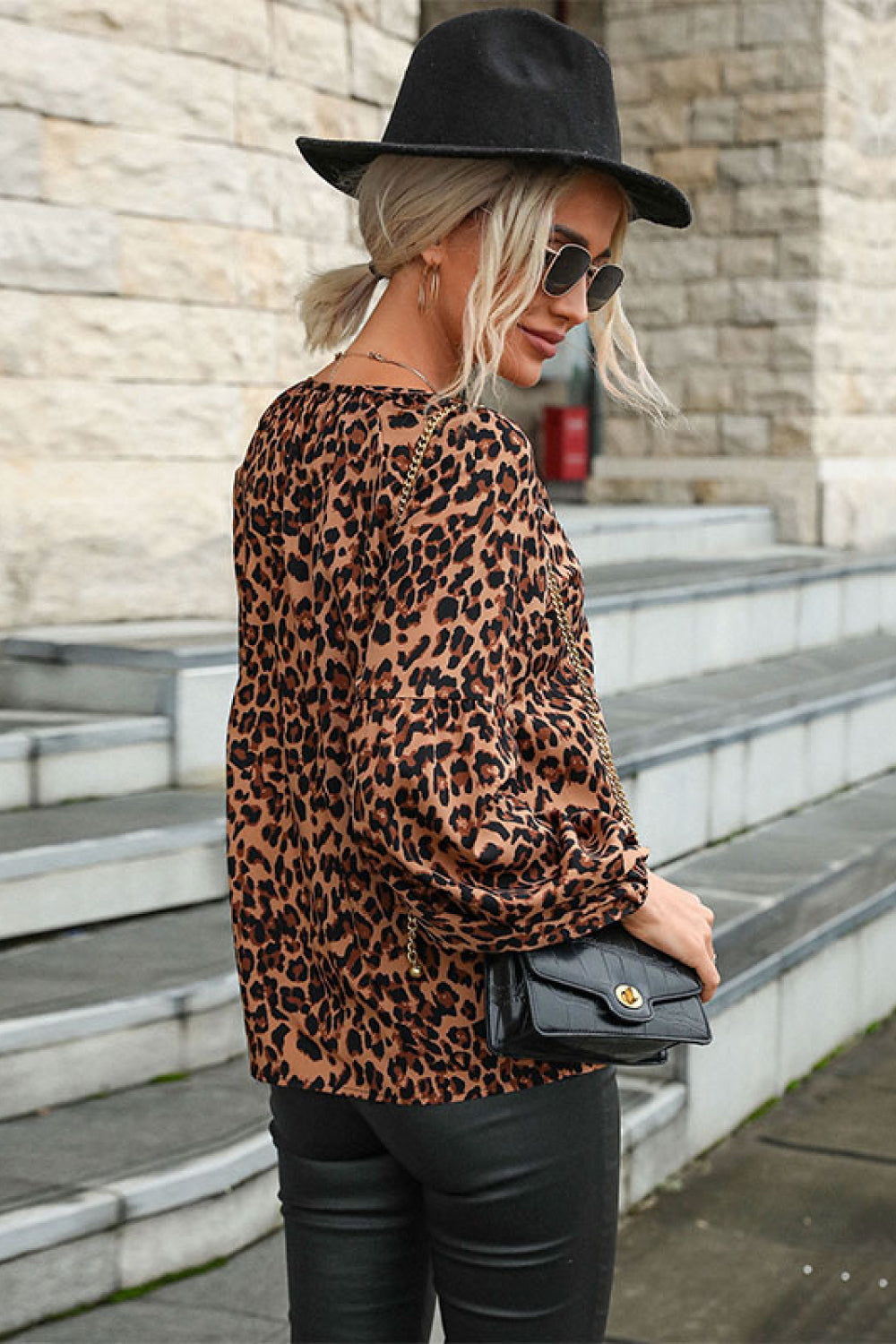 Leopard Lantern Sleeve Blouse 