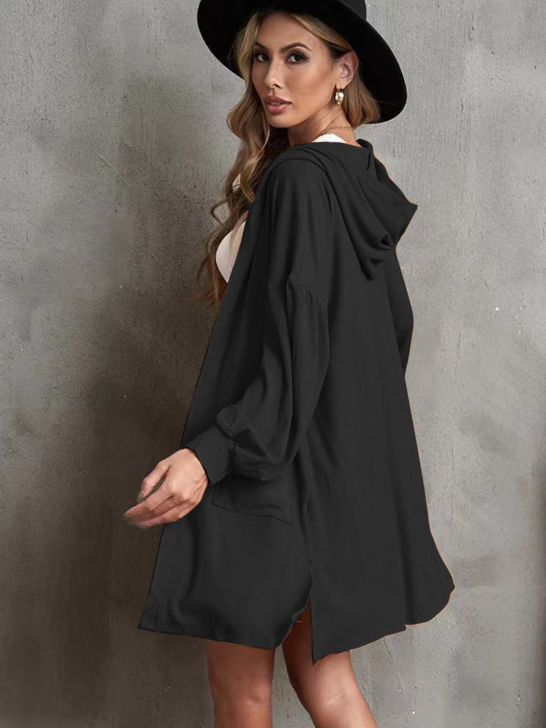 Pocketed Slit Open Front Hooded Cardigan 