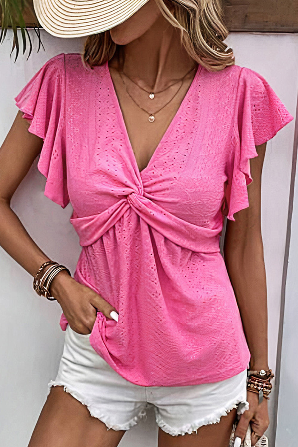 Eyelet Twisted V-Neck Flutter Sleeve Blouse 