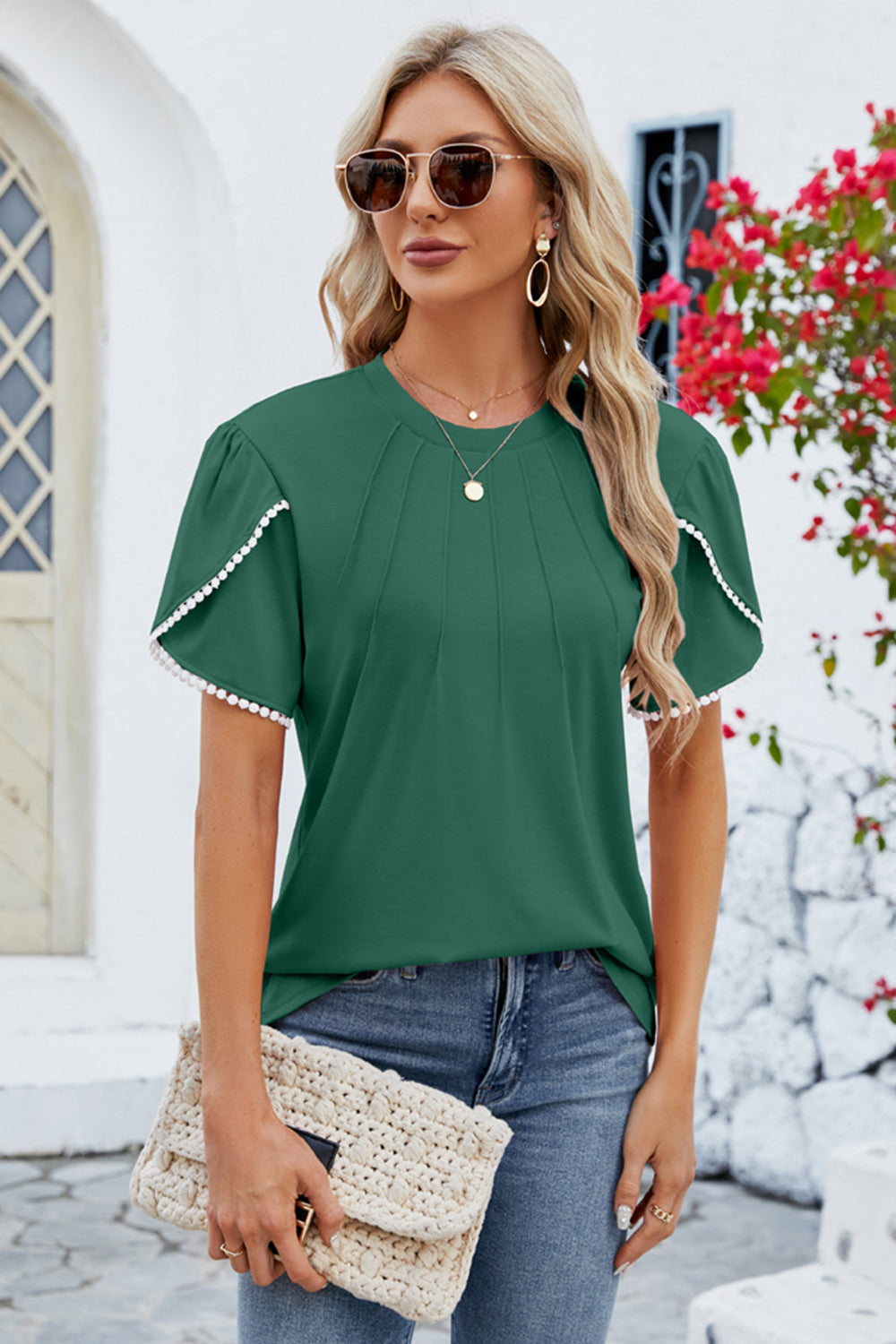 Round Neck Petal Sleeve T-Shirt 