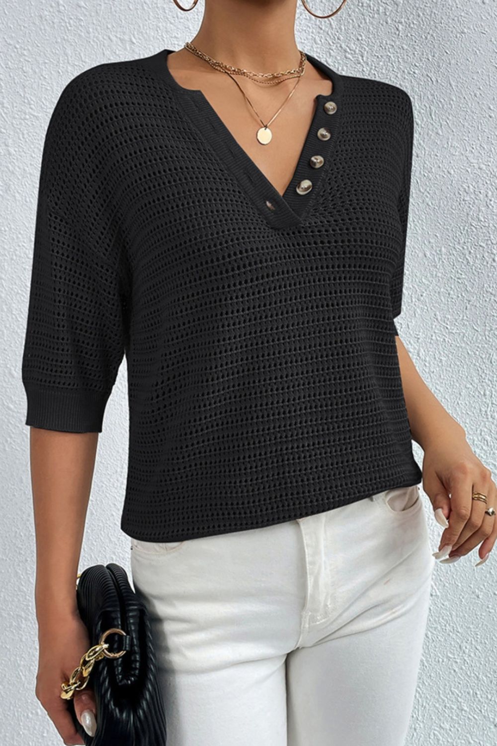 Openwork Half Button Dropped Shoulder Knit Top 