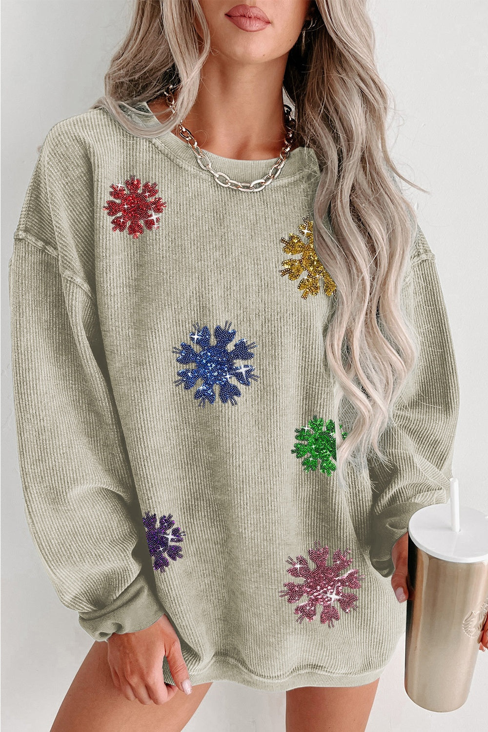 Sequin Snowflake Round Neck Sweatshirt - Babbazon Tops