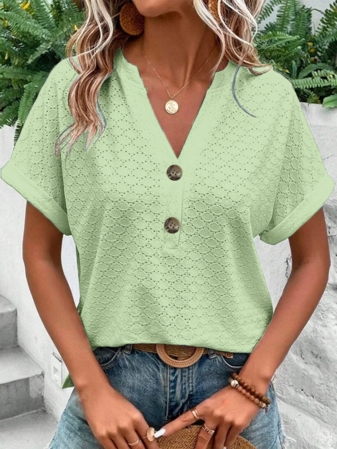 Eyelet Notched Short Sleeve Blouse