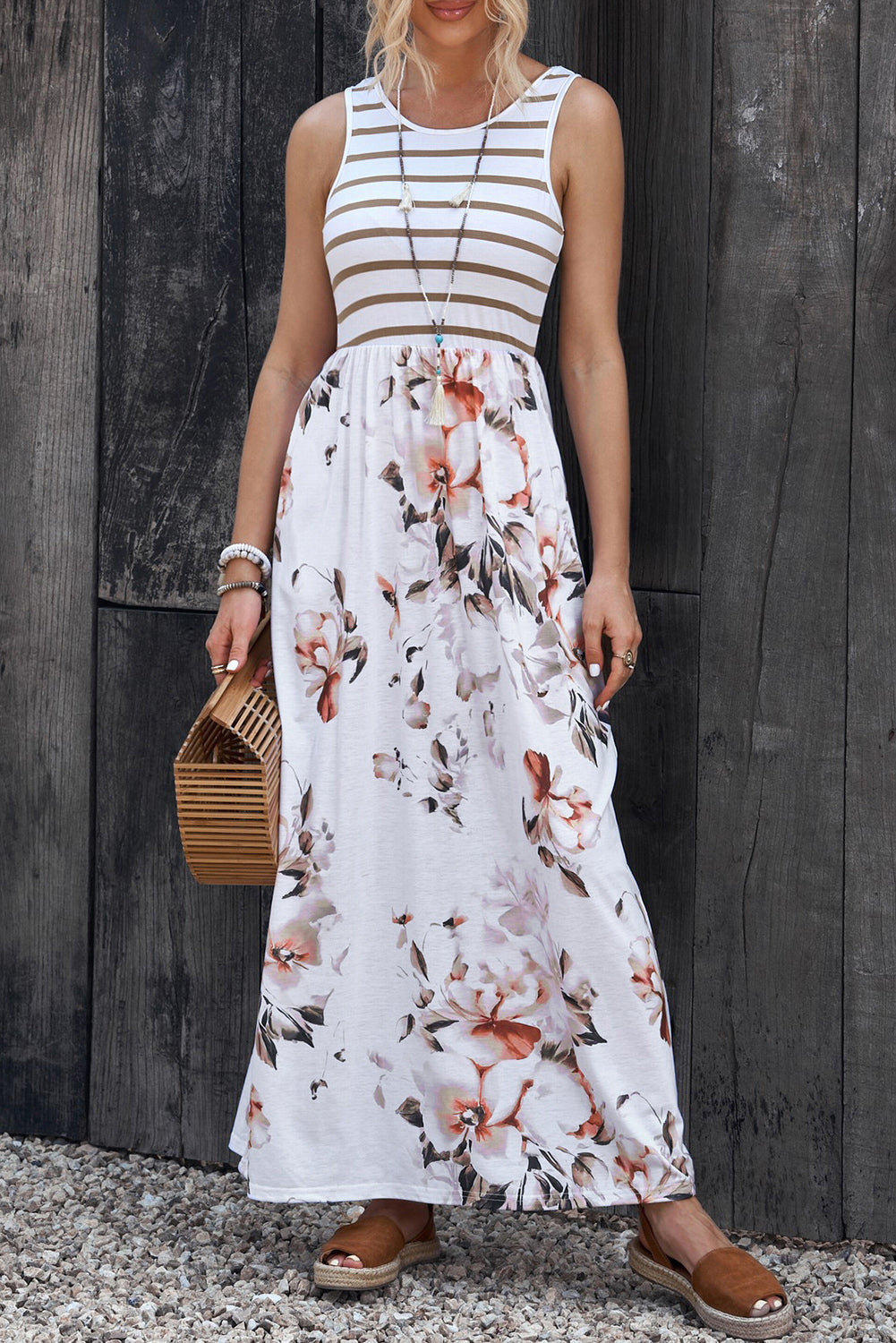 Striped Floral Round Neck Sleeveless Maxi Dress - Babbazon Maxi Dress