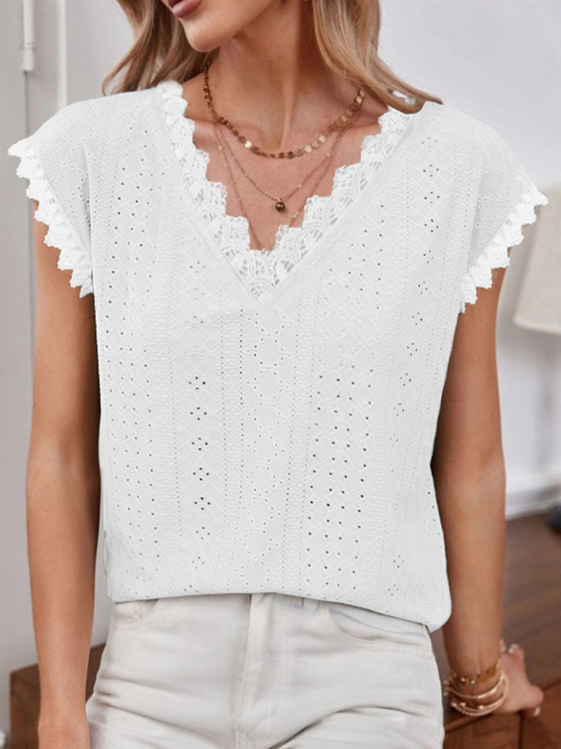 V-Neck Eyelet Short Sleeve Top 