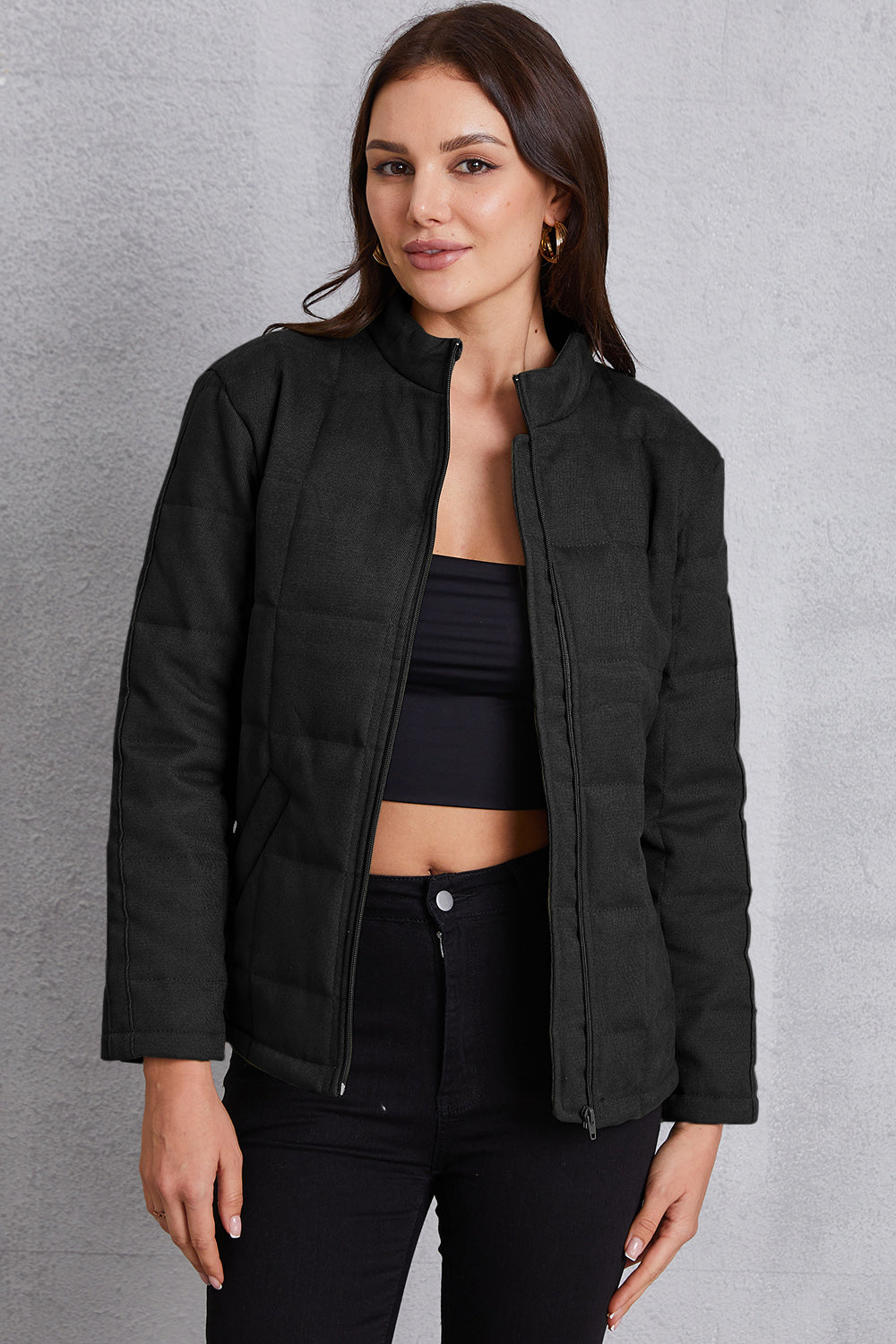 Zip Up Mock Neck Pocketed Jacket