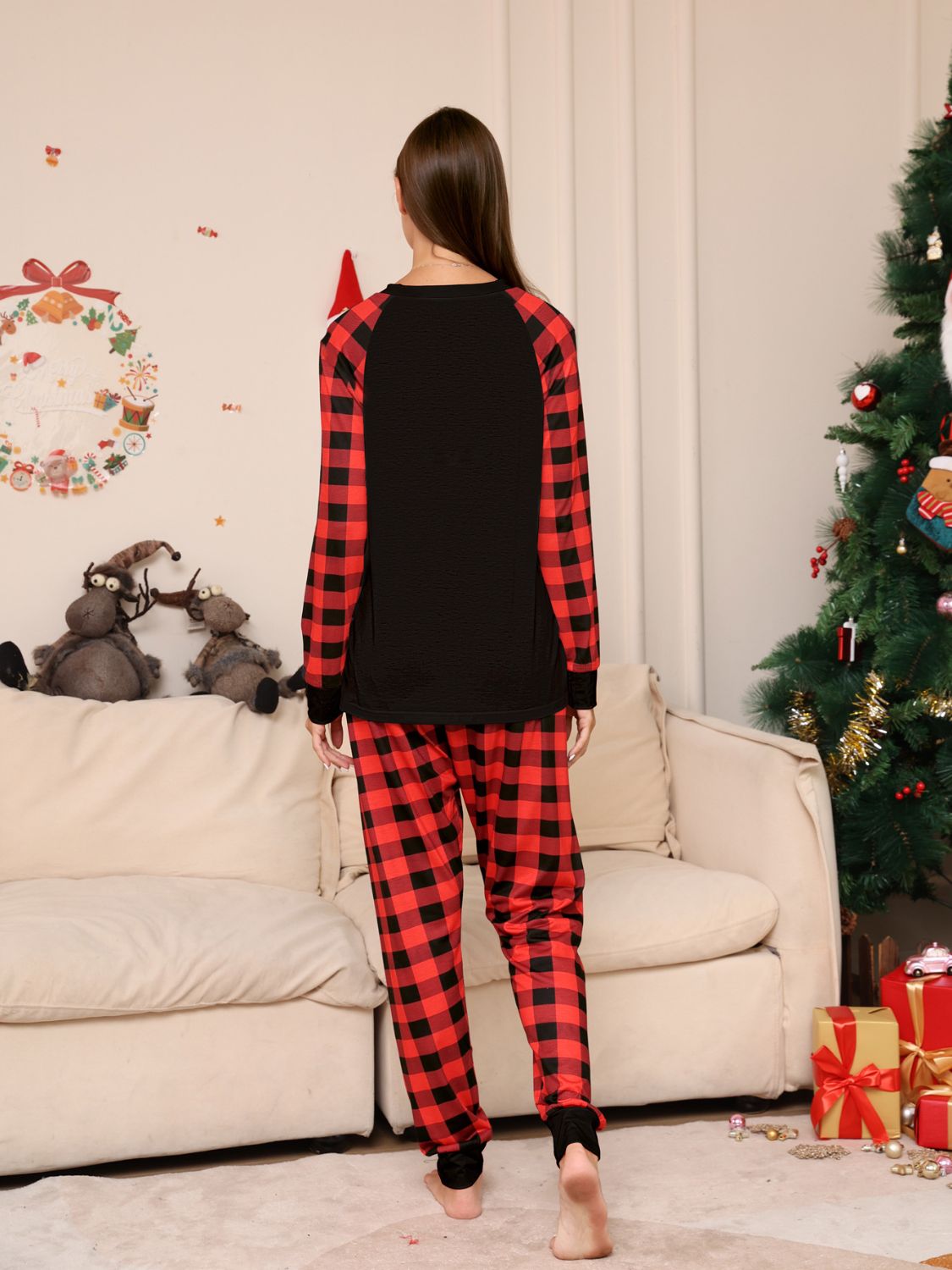 Full Size Raglan Sleeve Top and Plaid Pants Set 