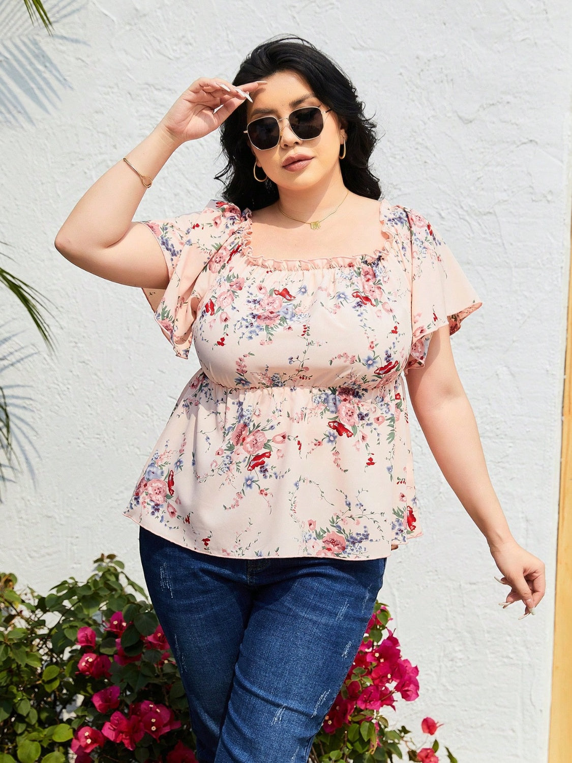 Plus Size Frill Printed Flutter Sleeve Blouse 