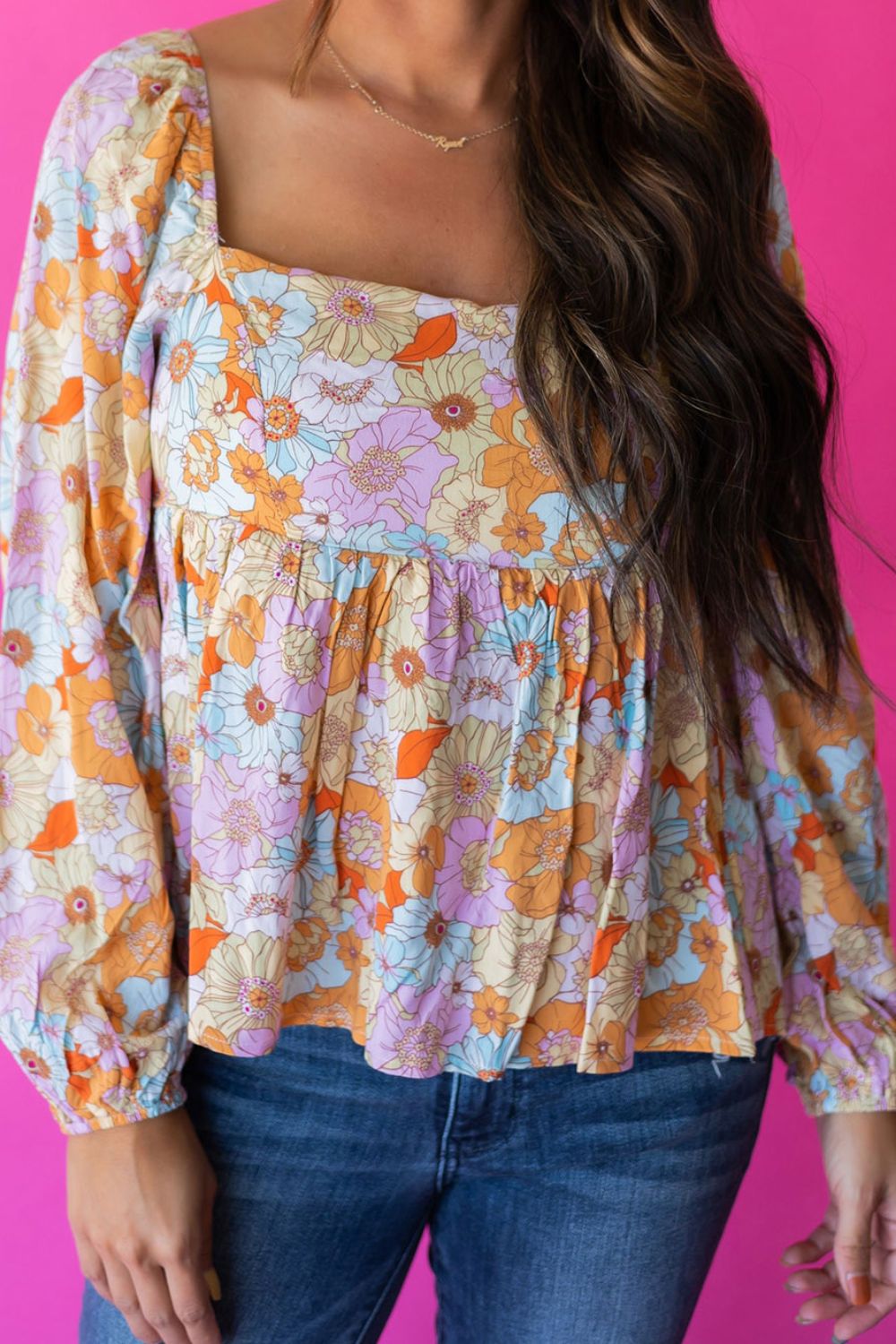 Smocked Printed Square Neck Balloon Sleeve Blouse - Babbazon Camisole