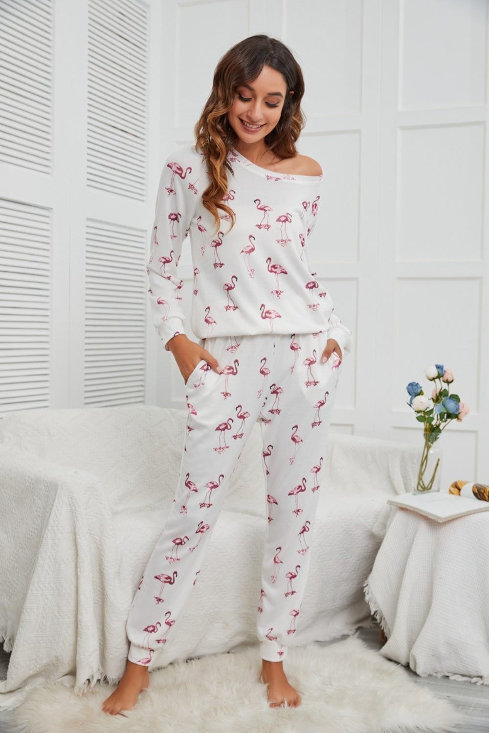 Flamingo Long Sleeve Top and Pants Lounge Set 