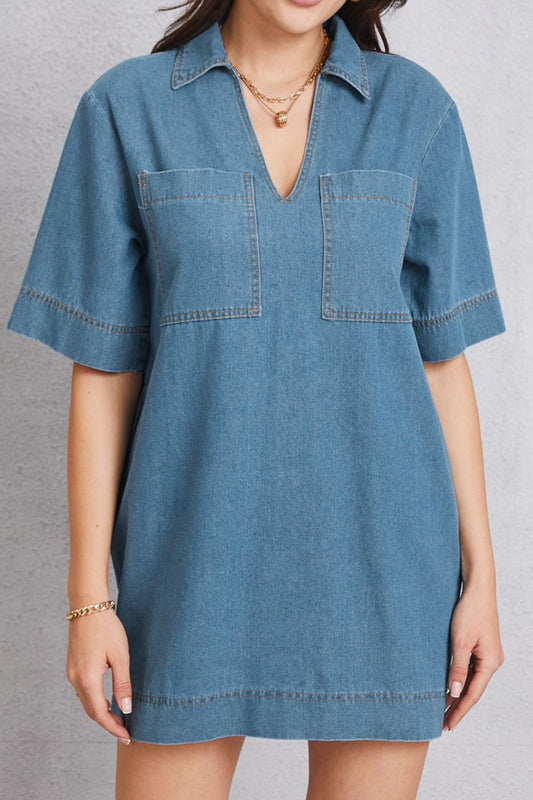 Pocketed Collared Neck Mini Denim Dress 