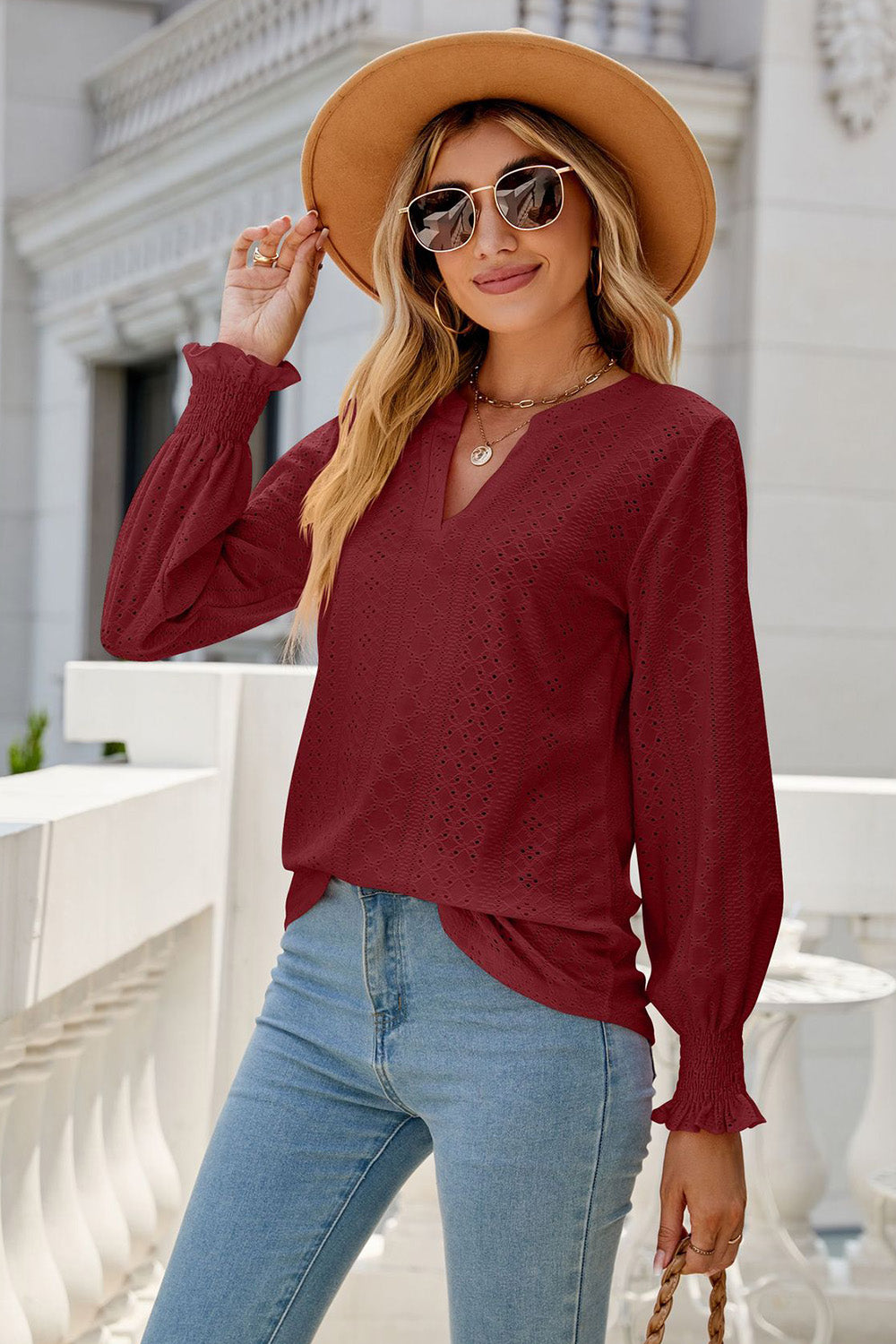 Eyelet Notched Lantern Sleeve T-Shirt 