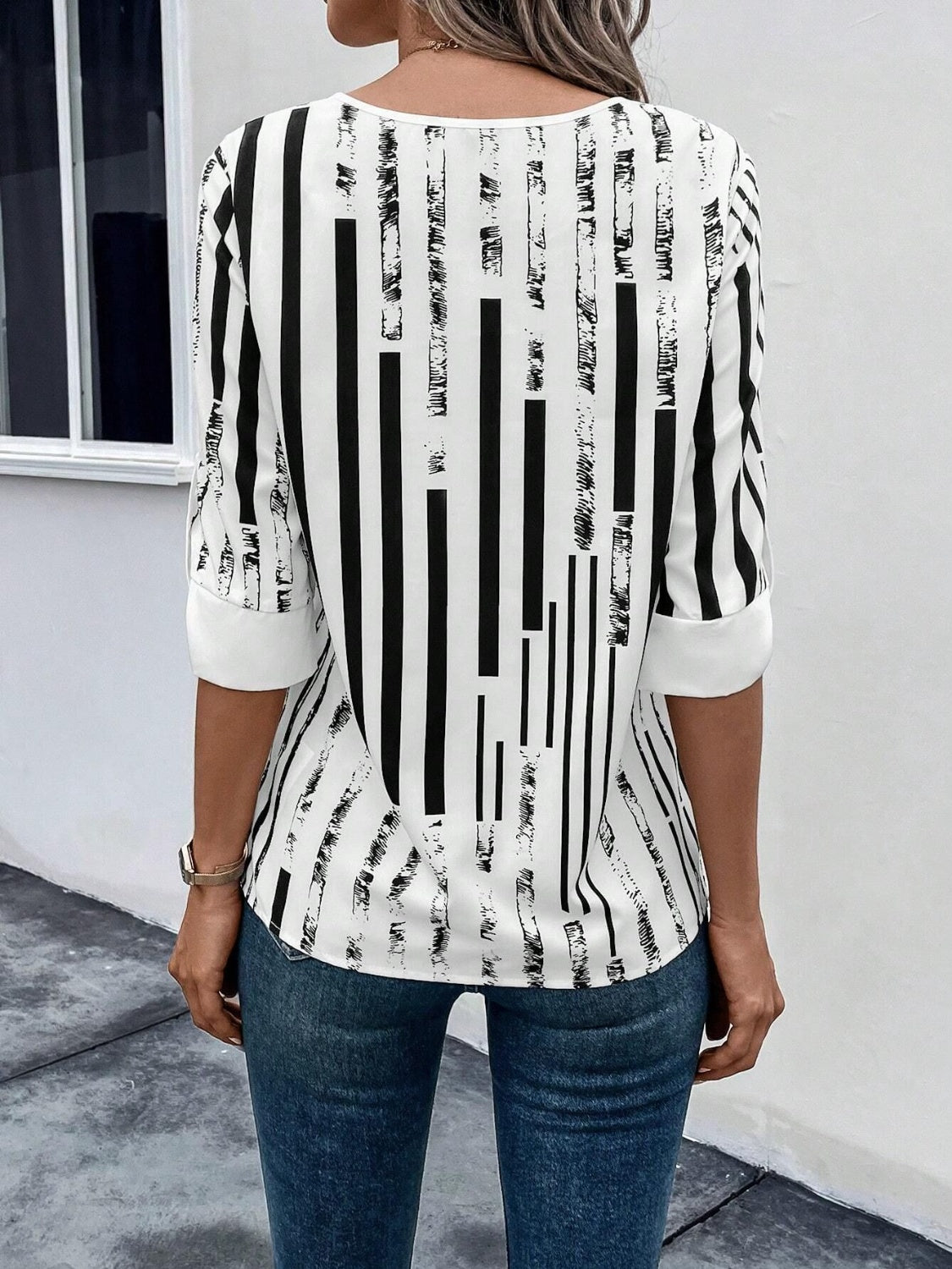 Striped Notched Half Sleeve Blouse 