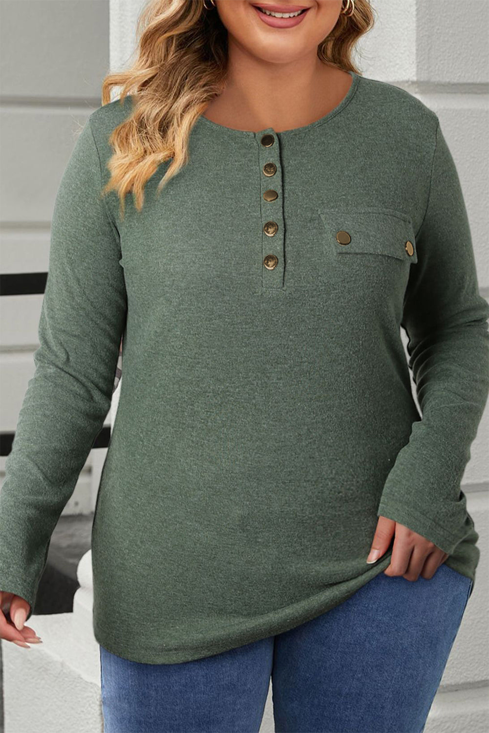 Plus Size Half Snap Long Sleeve T-Shirt 