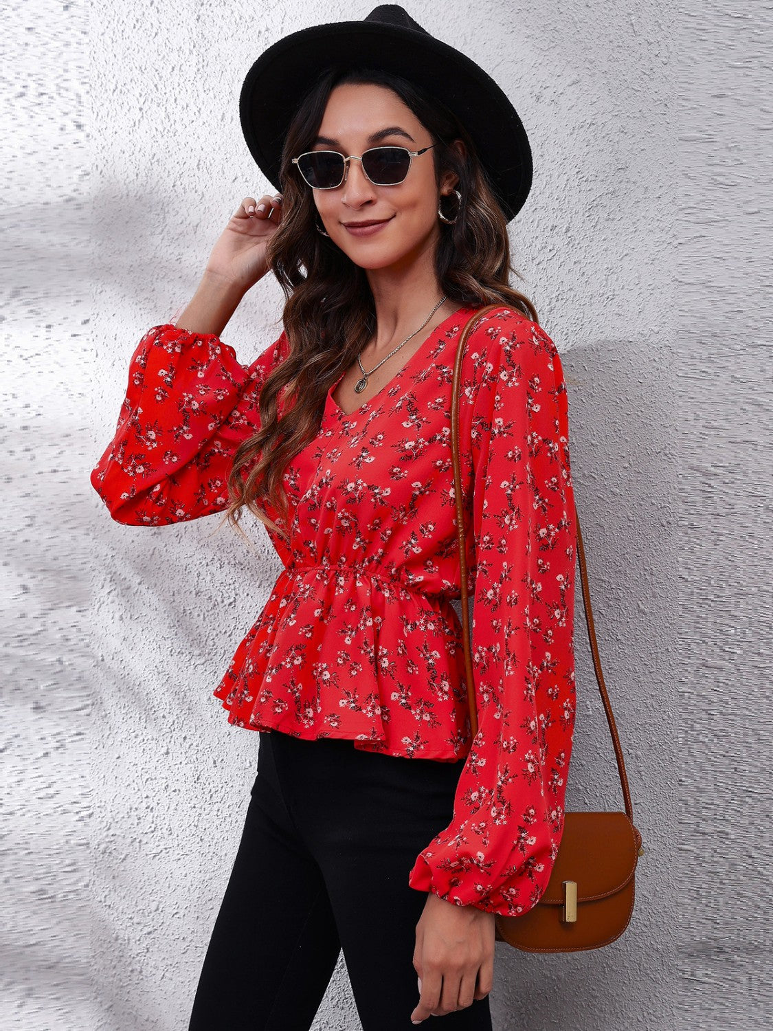 Floral V-Neck Balloon Sleeve Peplum Blouse 