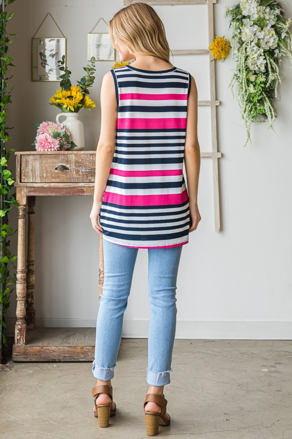 Heimish Full Size Striped Twist Knot Round Neck Tank 