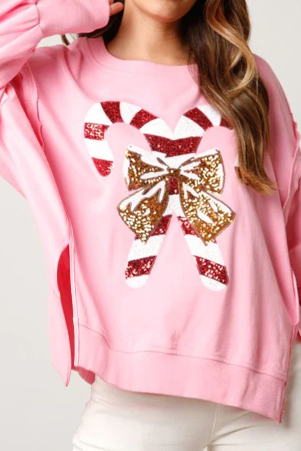 Candy Cane Slit Dropped Shoulder Sweatshirt 