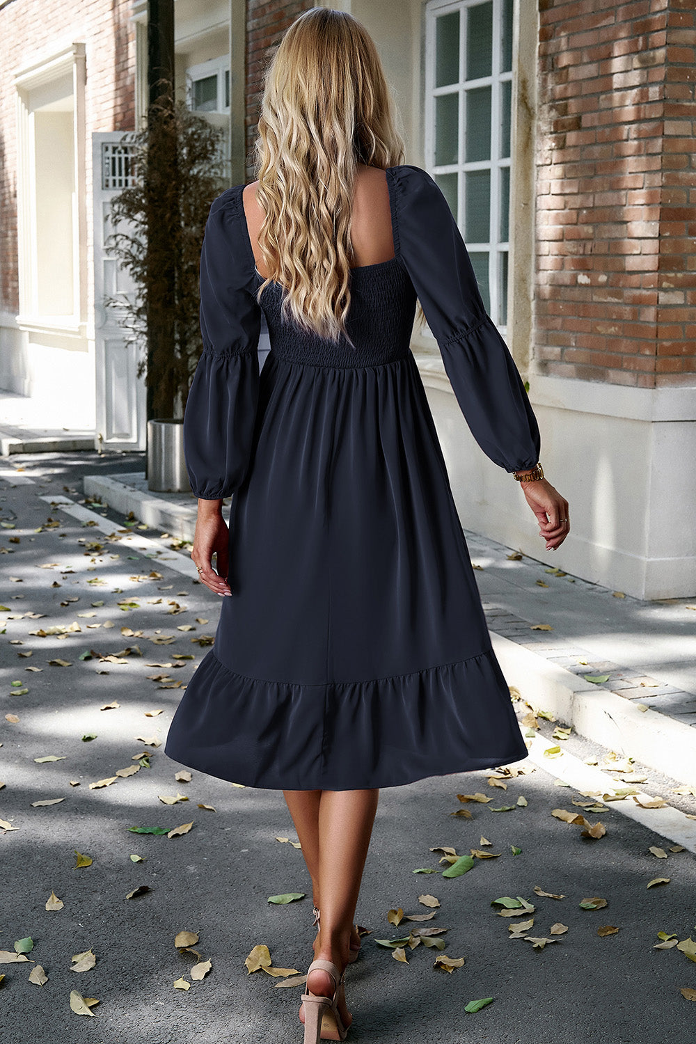 Square Neck Balloon Sleeve Midi Dress 