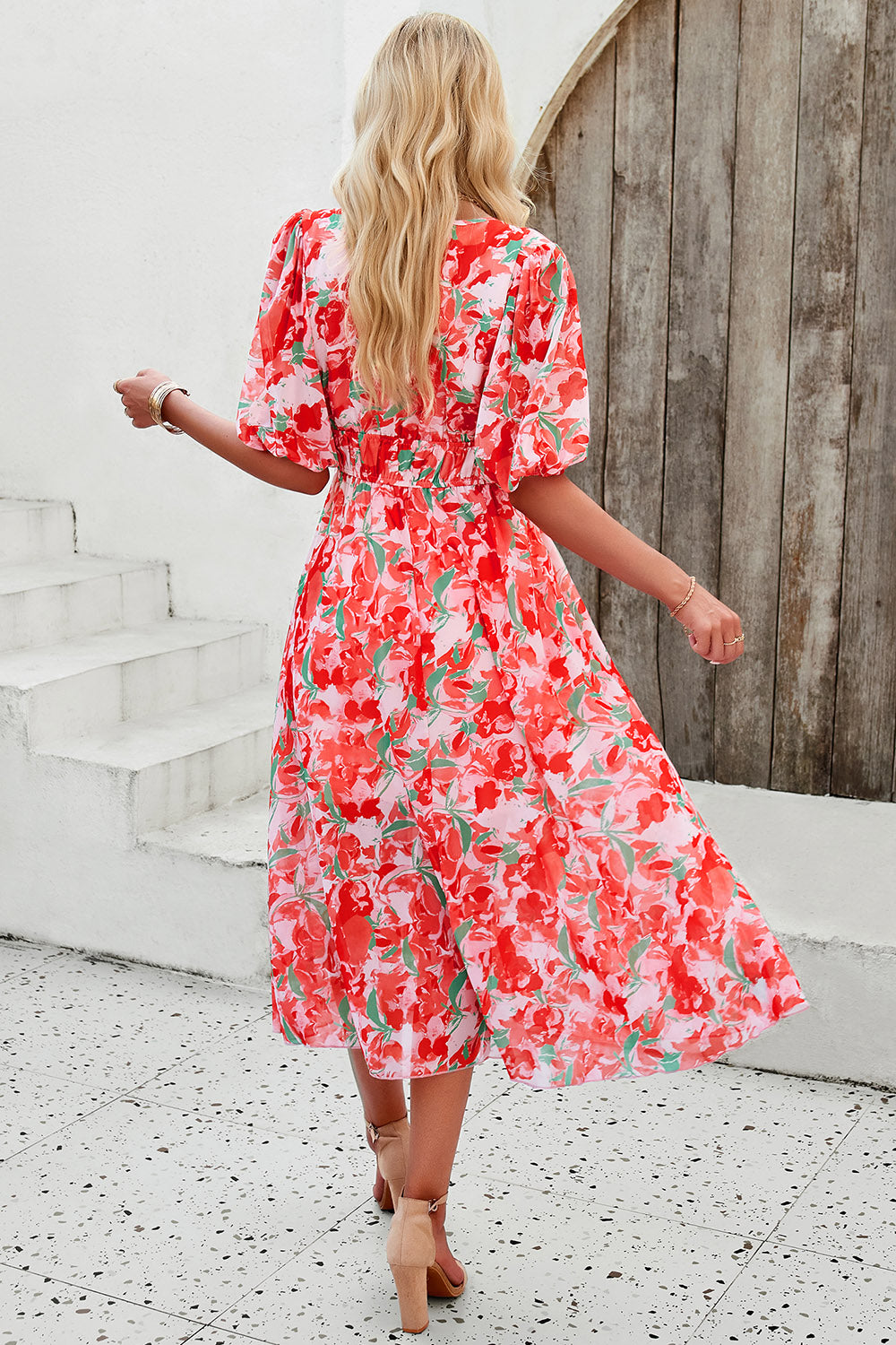 Smocked Printed V-Neck Short Sleeve Dress 