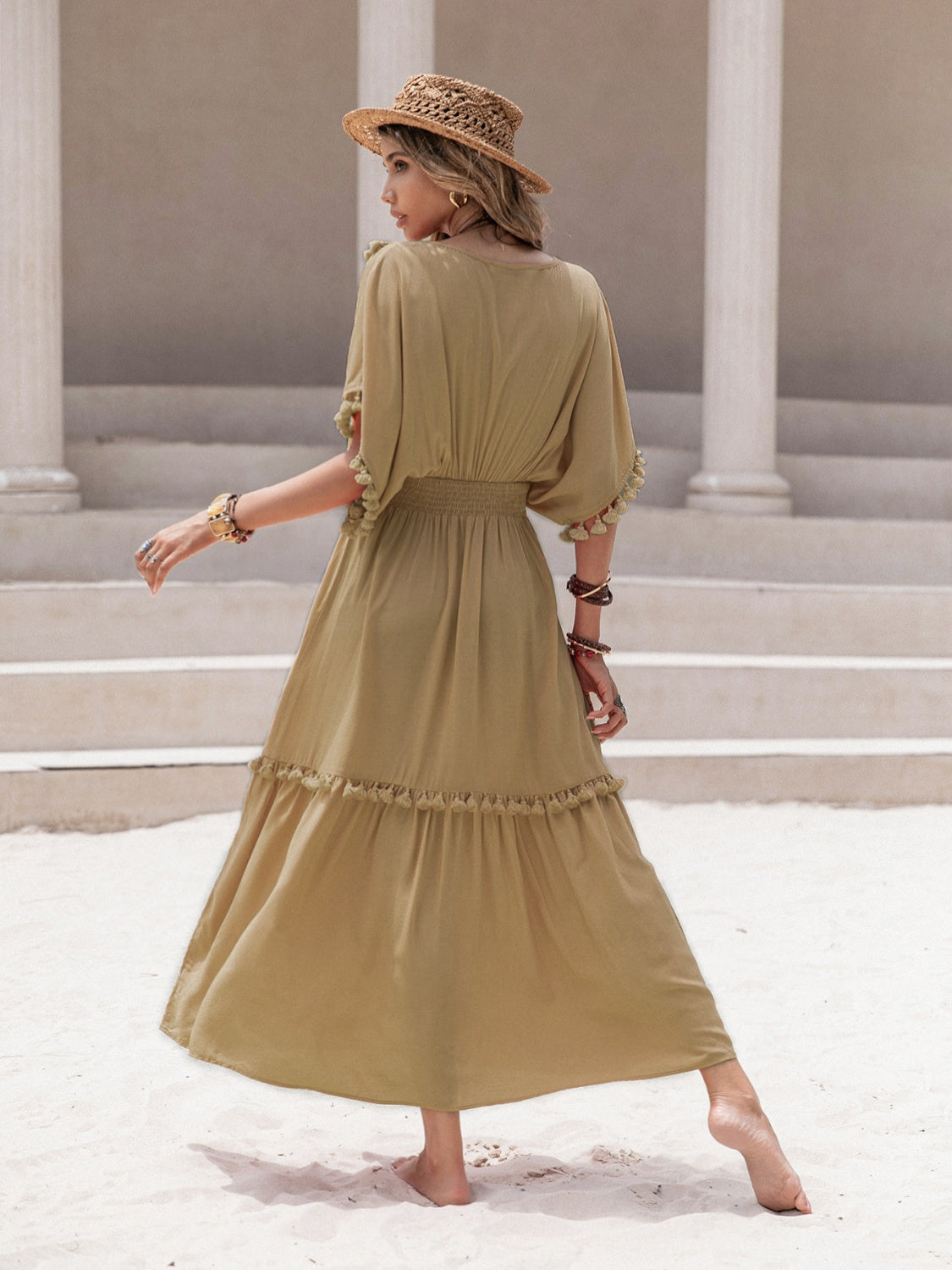 Tassel Trim Smocked V-Neck Short Sleeve Dress 