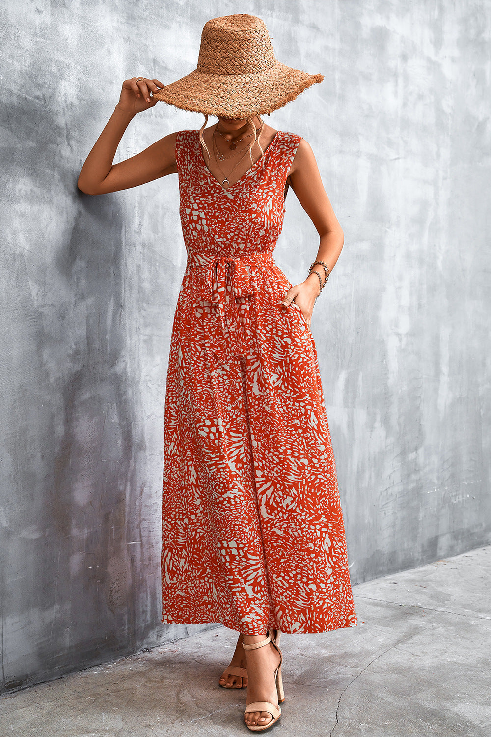 Printed V-Neck Tie Waist Maxi Dress 