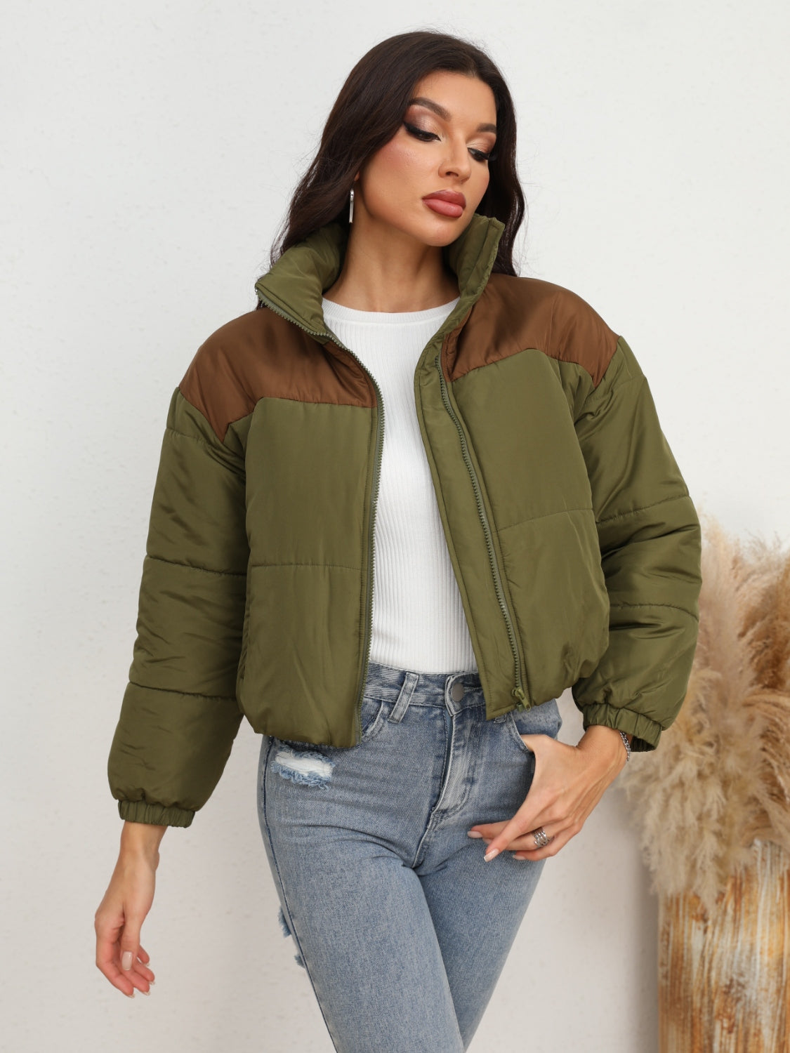 Two-Tone Zip-Up Puffer Jacket 