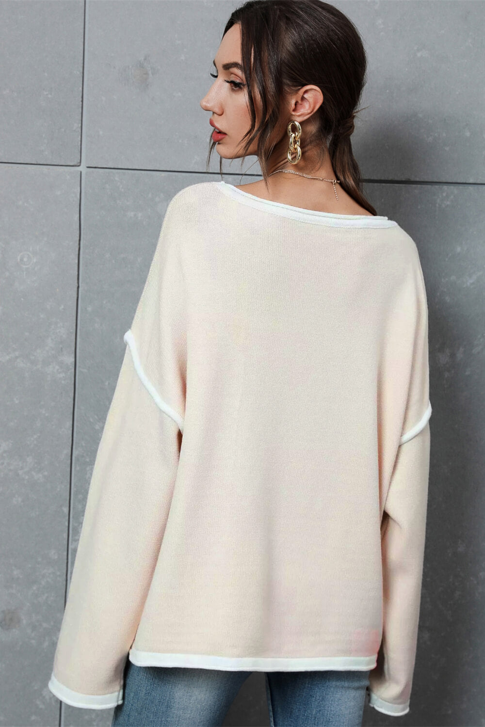 Contrast Detail Dropped Shoulder Knit Pullover 