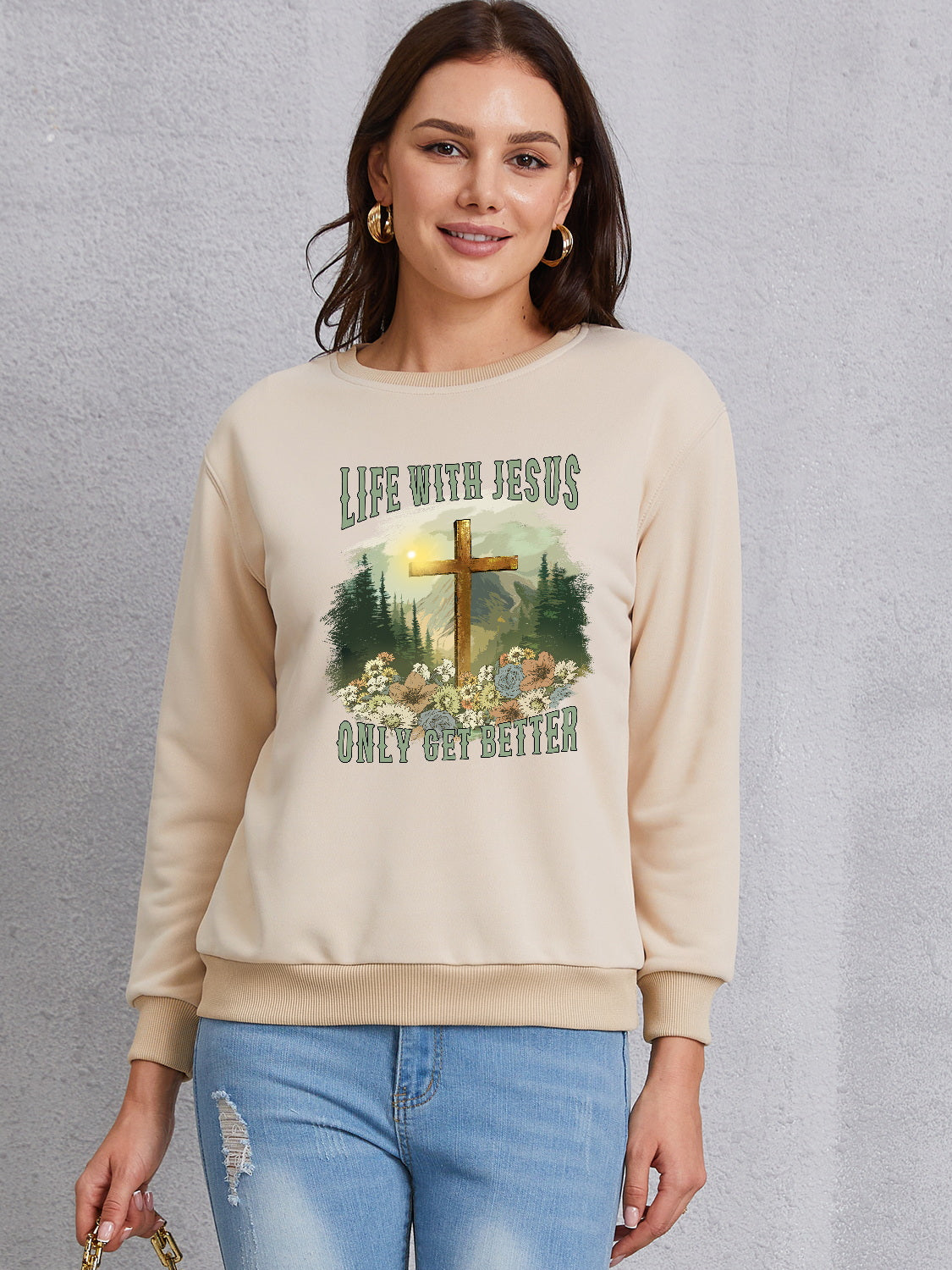 Graphic Round Neck Dropped Shoulder Sweatshirt 