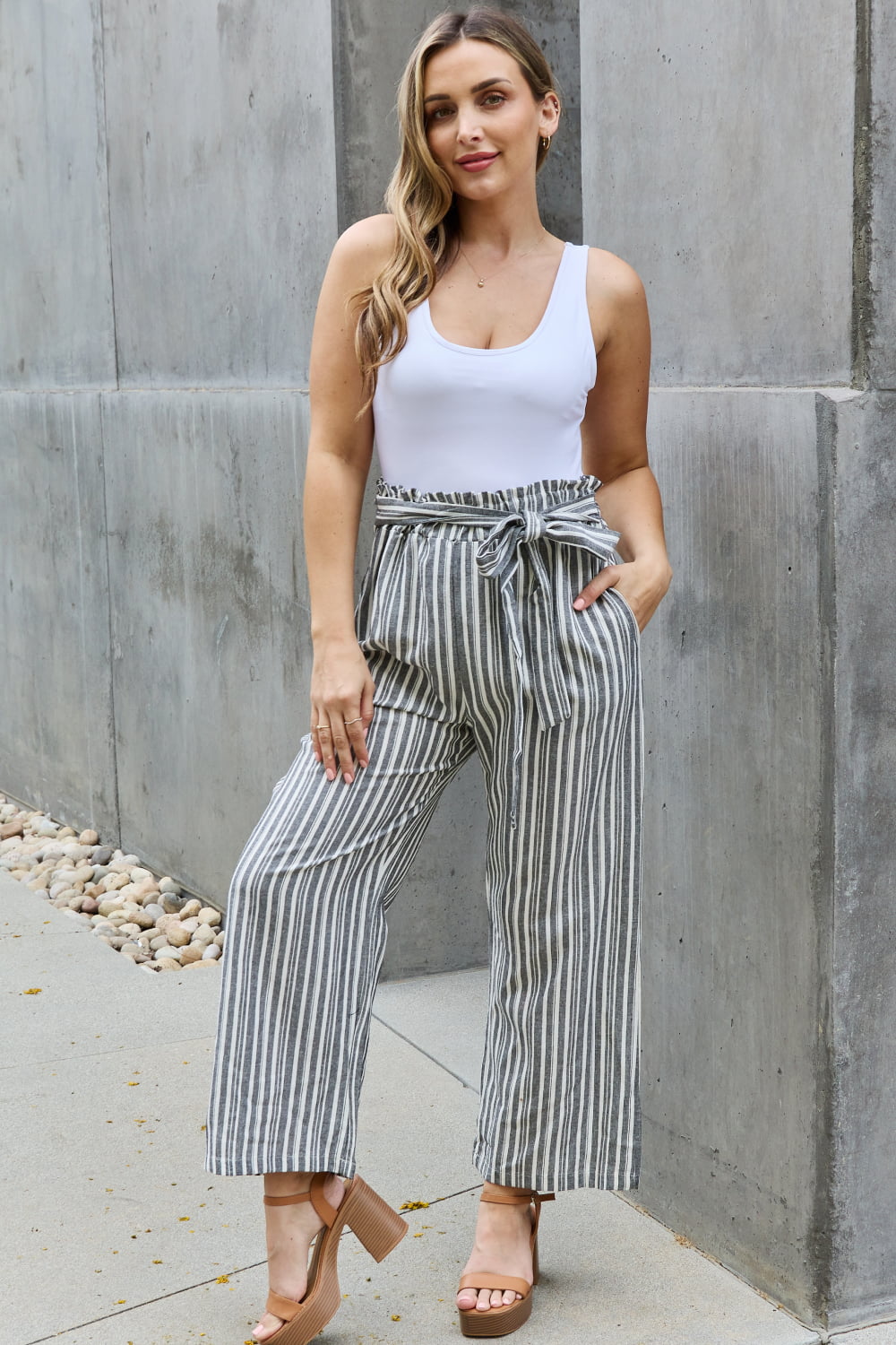 Heimish Find Your Path Full Size Paperbag Waist Striped Culotte Pants 