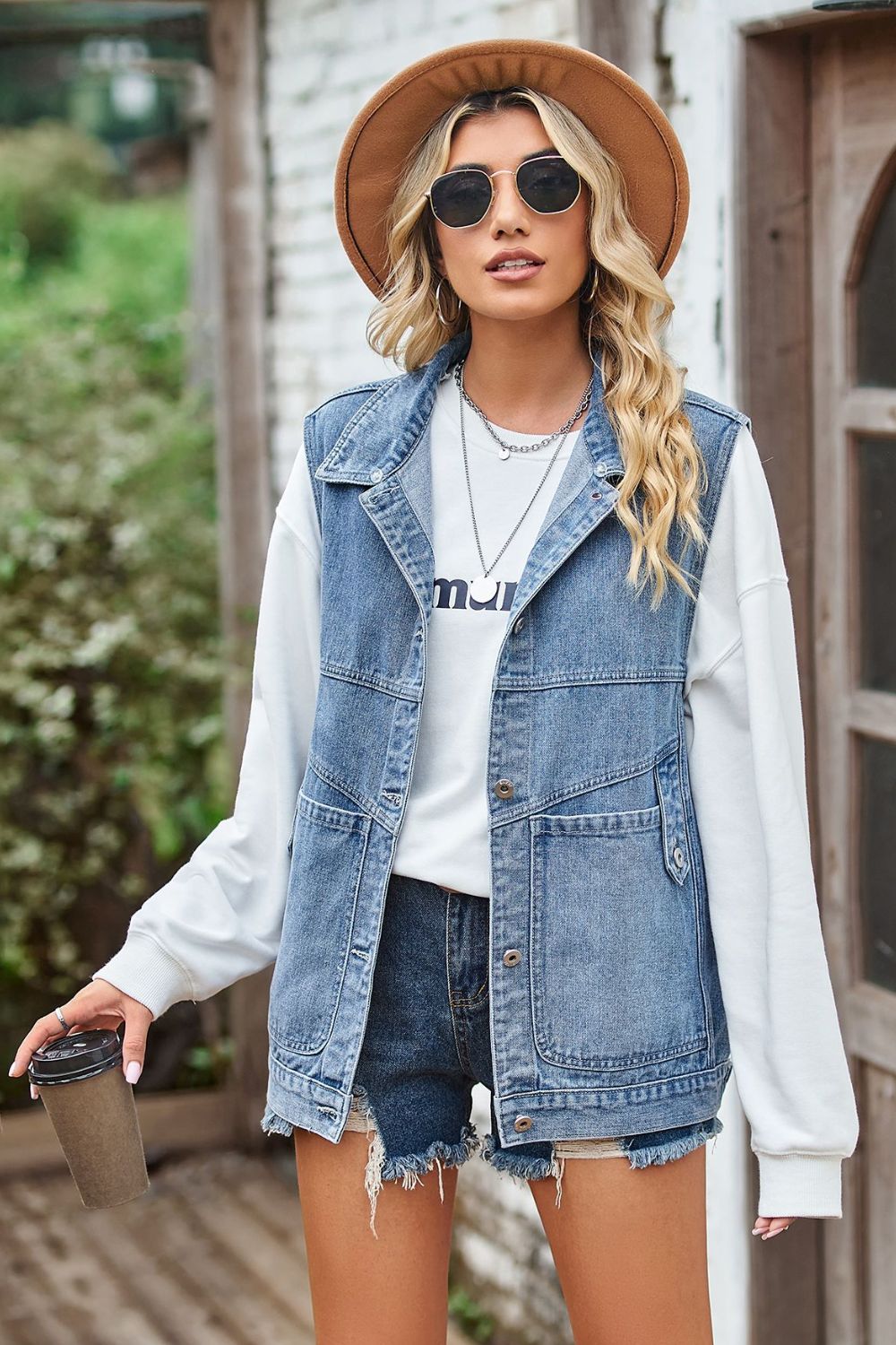 Sleeveless Denim Top with A Detachable Hood 