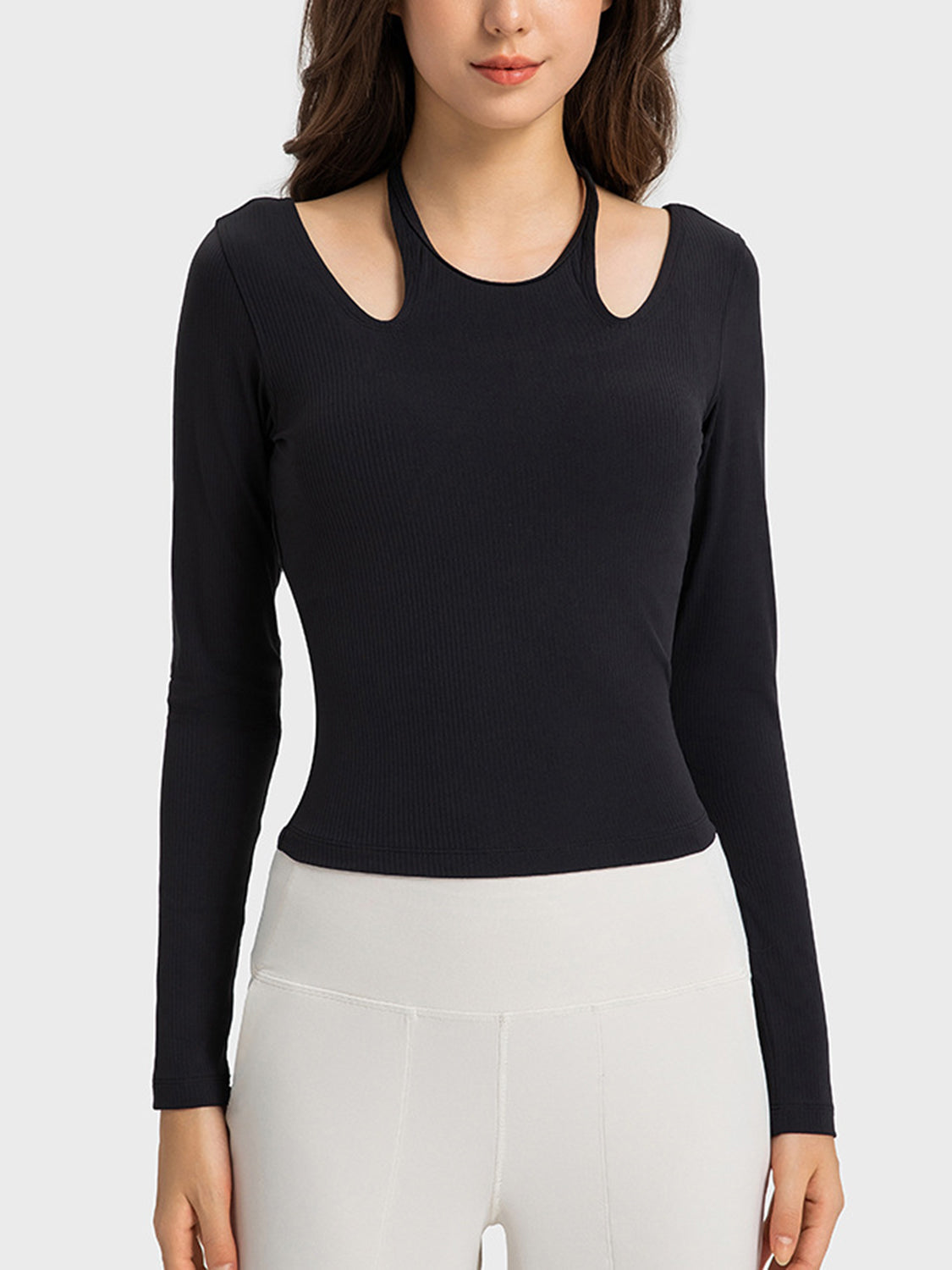 Halter Neck Long Sleeve Sporty Top - Babbazon Tops