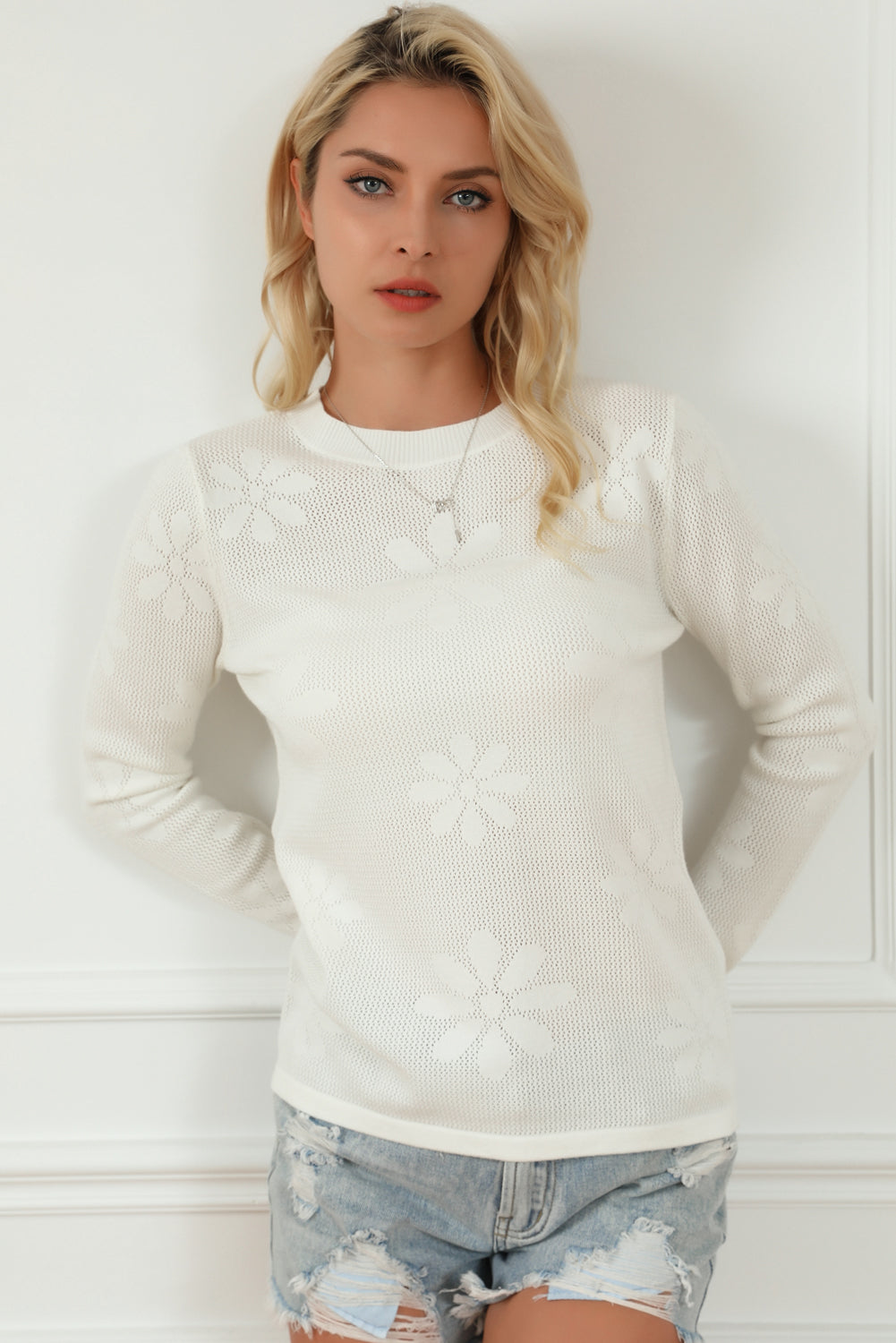 Floral Eyelet Round Neck Long Sleeve Knit Top 